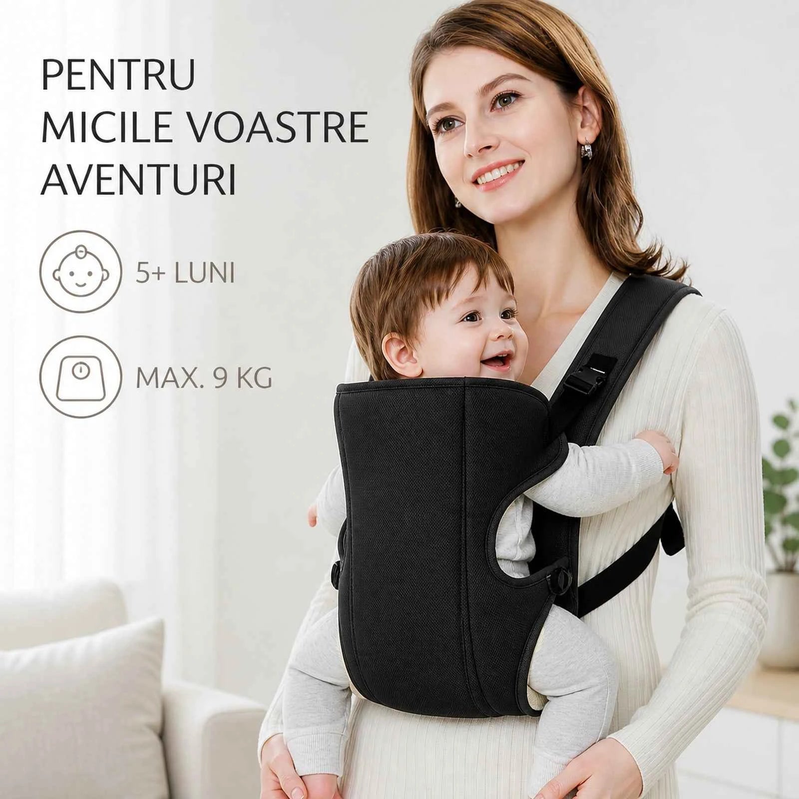 Marsupiu Bebe HASEPE® Ergonomic, Marsupiu Ergonomic Cu Sezut Antiderapant Intarit, Marsupiu Ergonomic 5+ Luni, Max 9 Kg, Negru