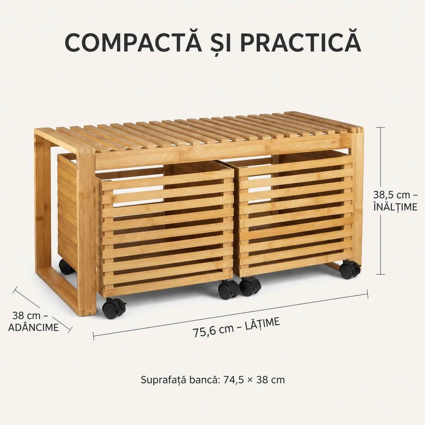 Cos de rufe HASEPE® din Bambus cu Taburet, cos depozitare cu 2 sertare pe roti, banca cu depozitare 38x38,5x75,6 cm