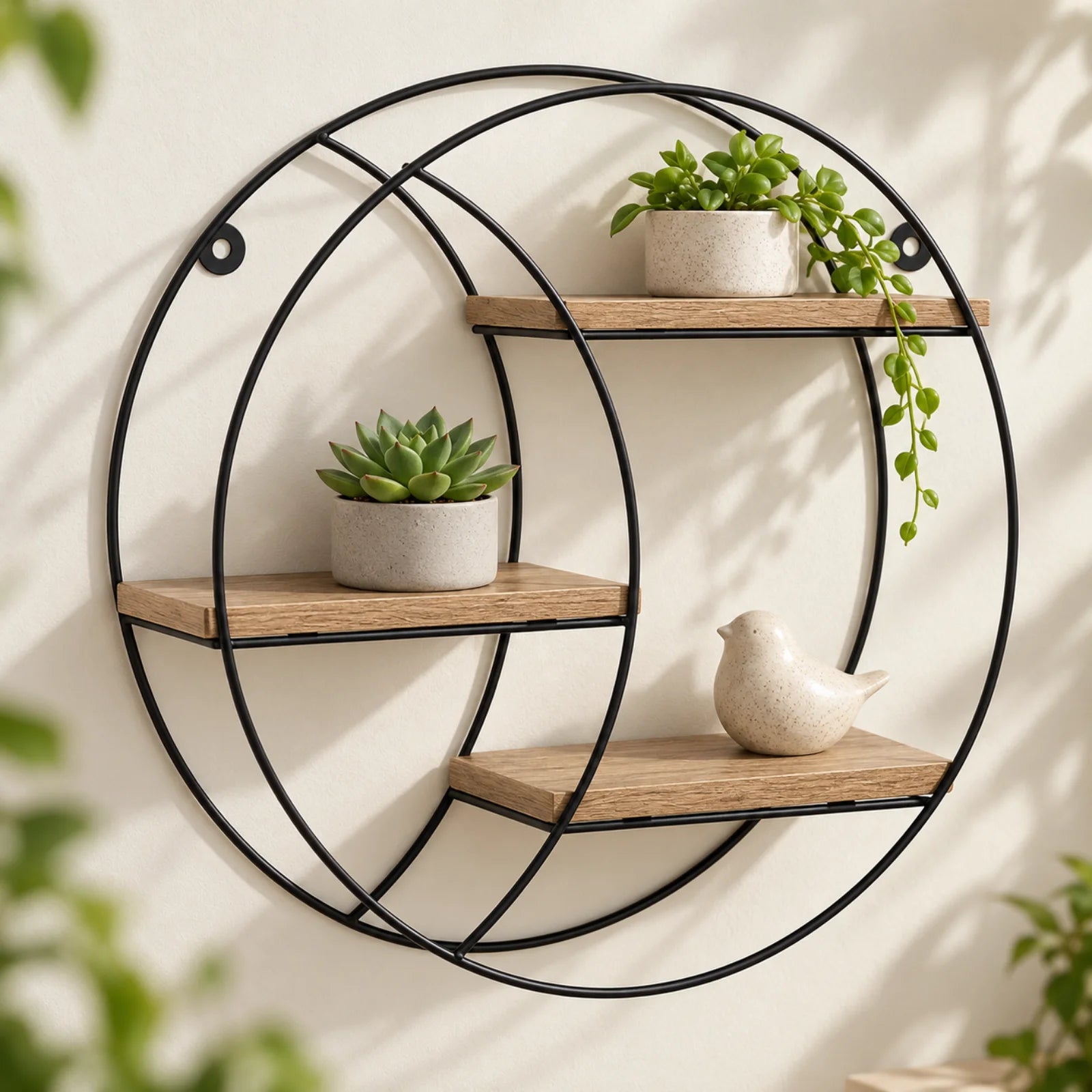 Raft Decorativ HASEPE® Rotund, cu 3 Niveluri din MDF si Cadru Metalic, Raft de Perete Ø30x9 cm