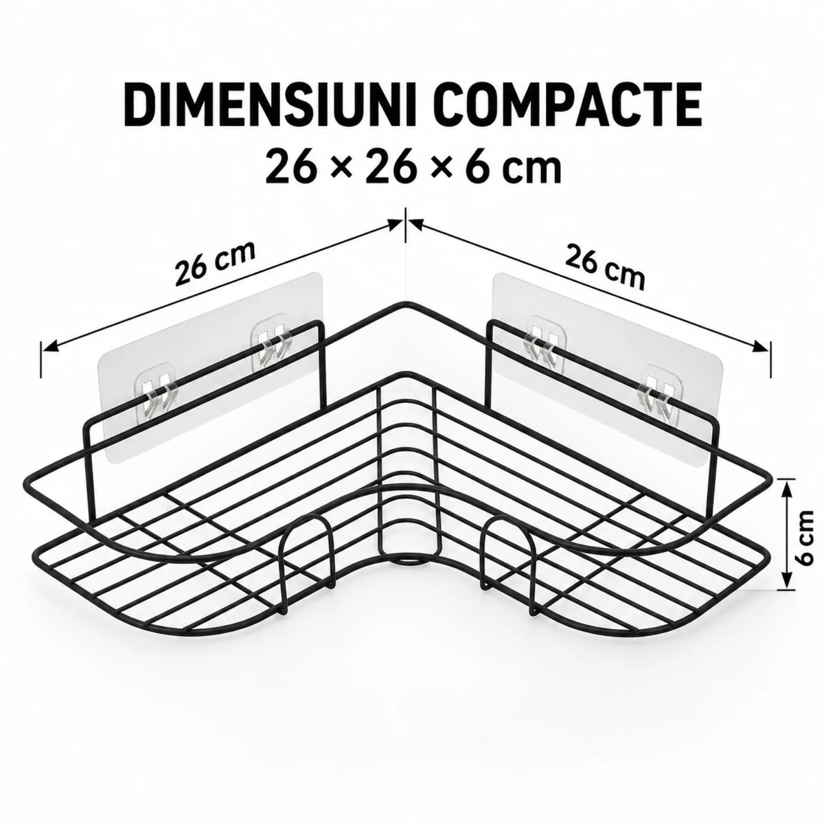 Raft de Dus HASEPE® Pentru Baie Din Metal Negru, Raft Colt Autoadeziv Fara Gaurire 26x26x6cm
