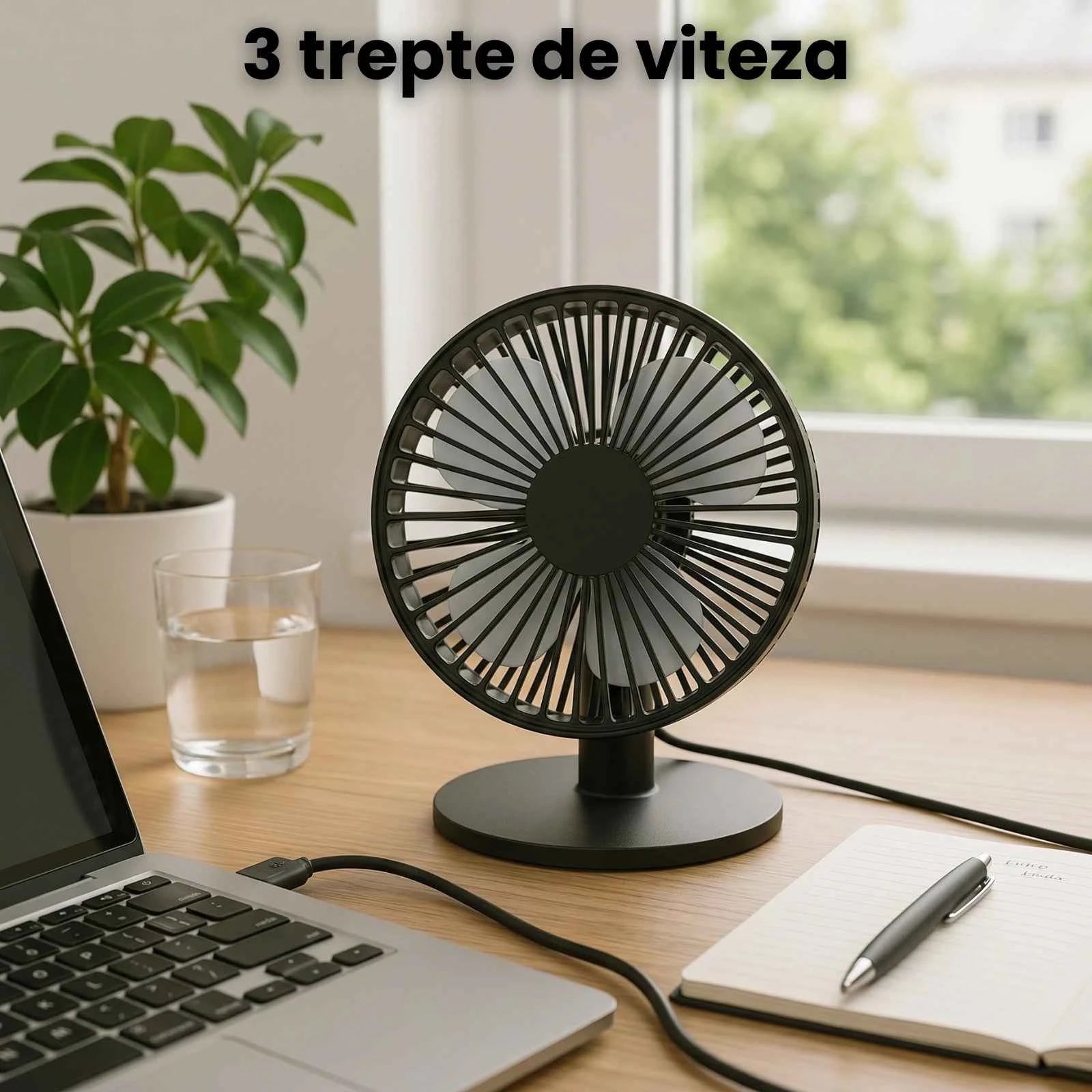 Ventilator USB HASEPE® De Masa, Ventilator Birou Negru Ø16.6 cm, Ventilator USB Cu 3 Trepte De Viteza