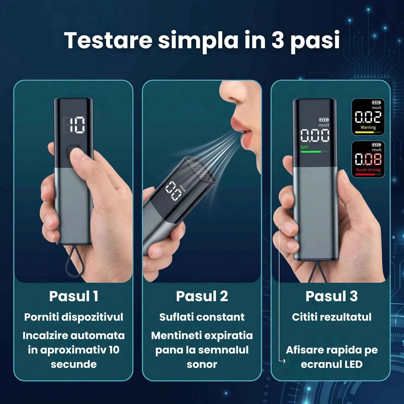 Tester Alcoolemie HASEPE® Digital, Alcooltest Cu Senzor De Precizie, Reincarcabil USB