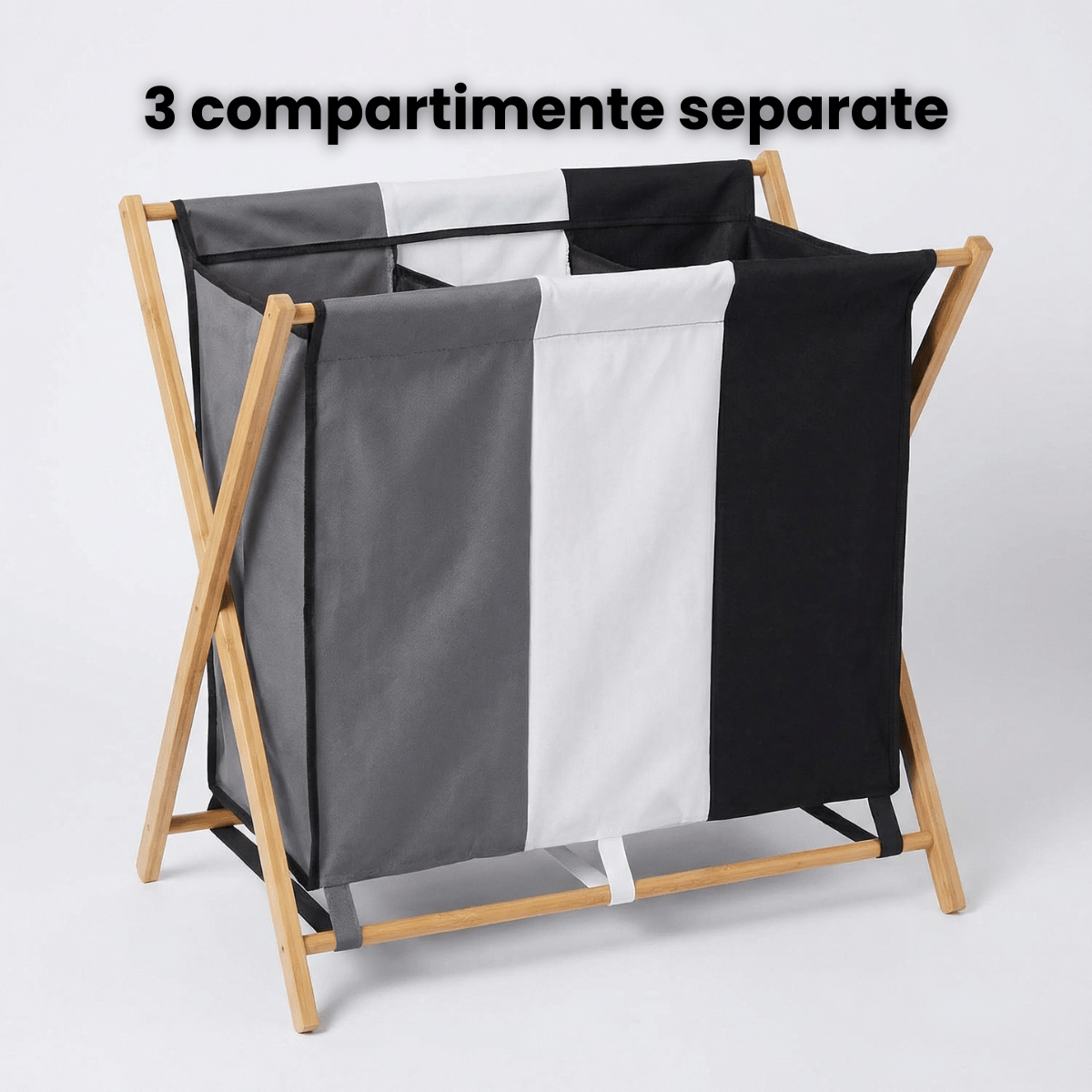 Cos Rufe HASEPE Triplu, Cu Cadru Din Bambus, Cos Rufe Cu 3 Compartimente Pentru Sortare Haine, Cos Rufe Pliabil Cu Material Rezistent, Tricolor, Organizare Eficienta Spatiu, Dimensiuni 72.5 x 40 x 74 - HASEPE