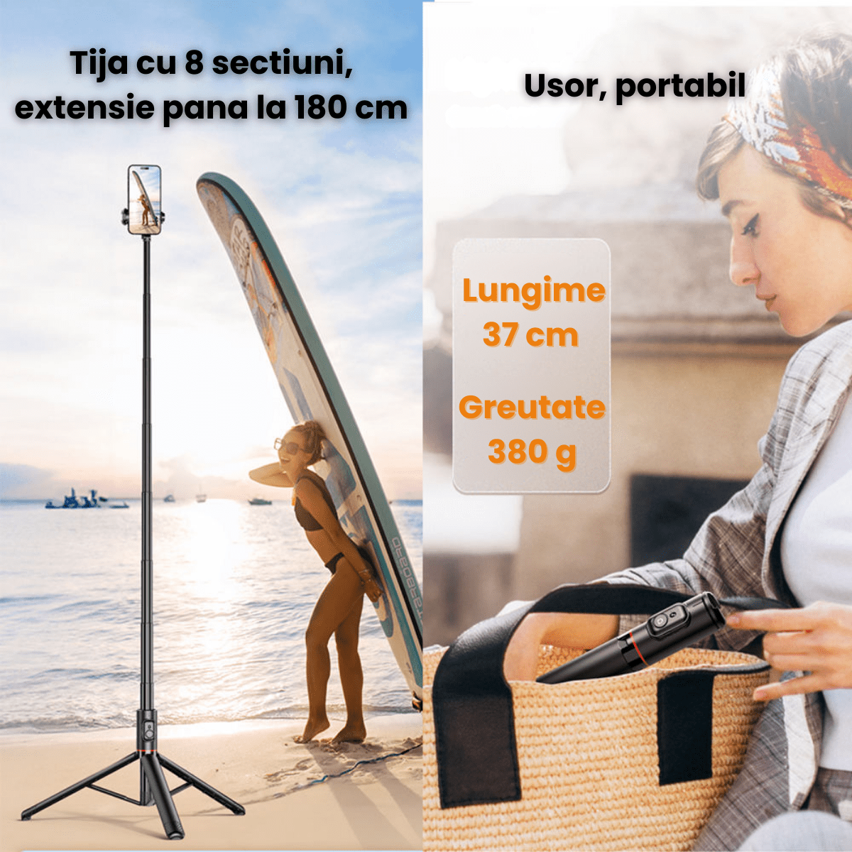 Trepied Foto HASEPE Telescopic Profesional 180cm Cu Telecomanda Bluetooth, Stativ Telefon Extensibil Din Aluminiu Si ABS, Trepied Foto Stabil, Stativ Telefon Reglabil Pentru Selfie Video Live, Negru - HASEPE
