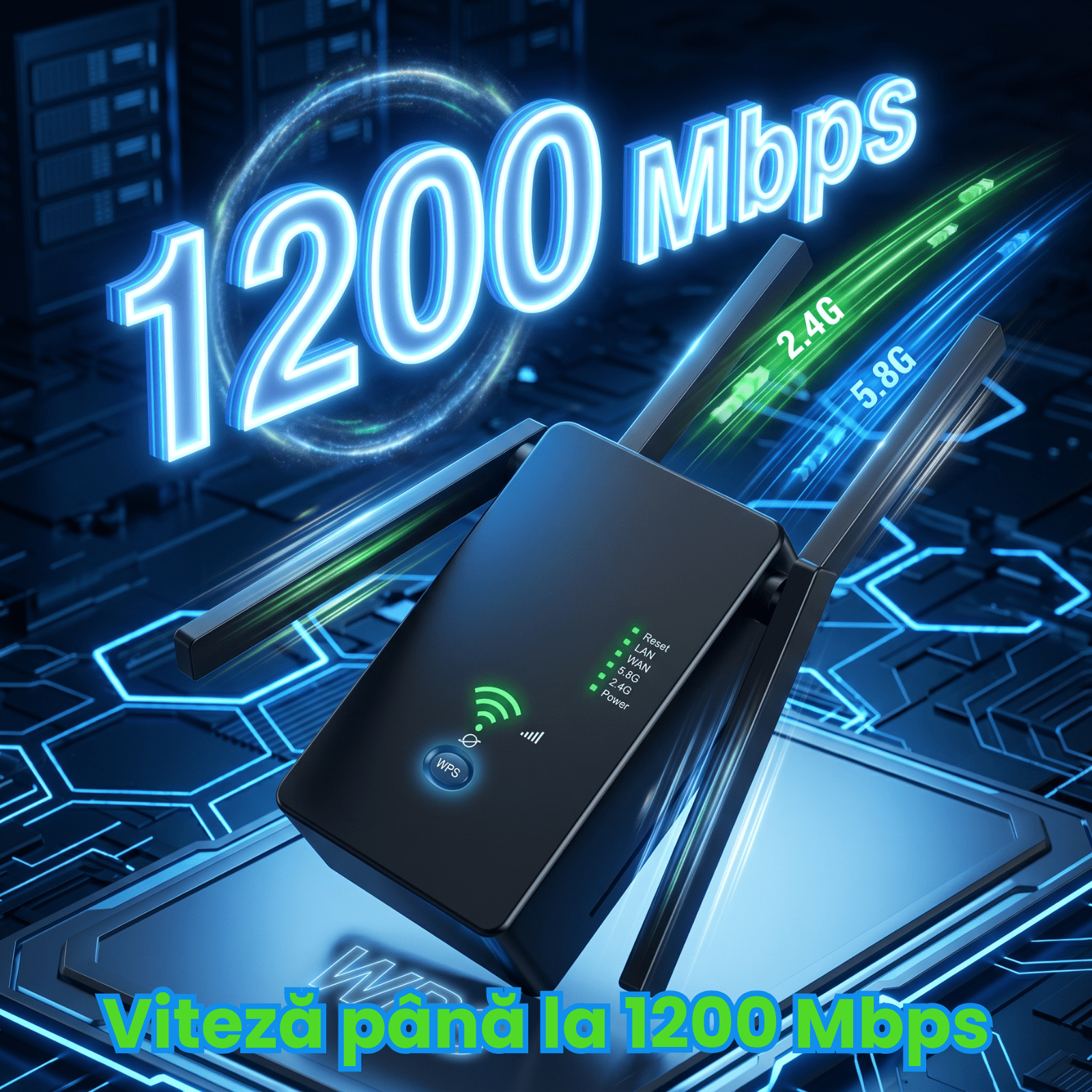 Amplificator Semnal HASEPE® Wireless WiFi 1200M Dual Band, Range Extender Amplificator Semnal Cu 4 Antene, Repeater Router Si AP, Amplificator Semnal Retea 2.4GHz 5GHz, Port LAN, Securitate WPA2, Ampl - HASEPE