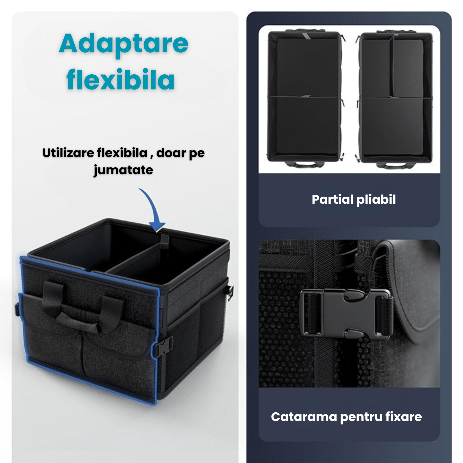 Organizator Portbagaj Auto 60L HASEPE, Pliabil, Multifunctional, Capac Detasabil, Curele Fixare si Baza Antialunecare, 3 Compartimente Mari + Buzunare Laterale, 51x32x37 cm, Negru Oxford - HASEPE