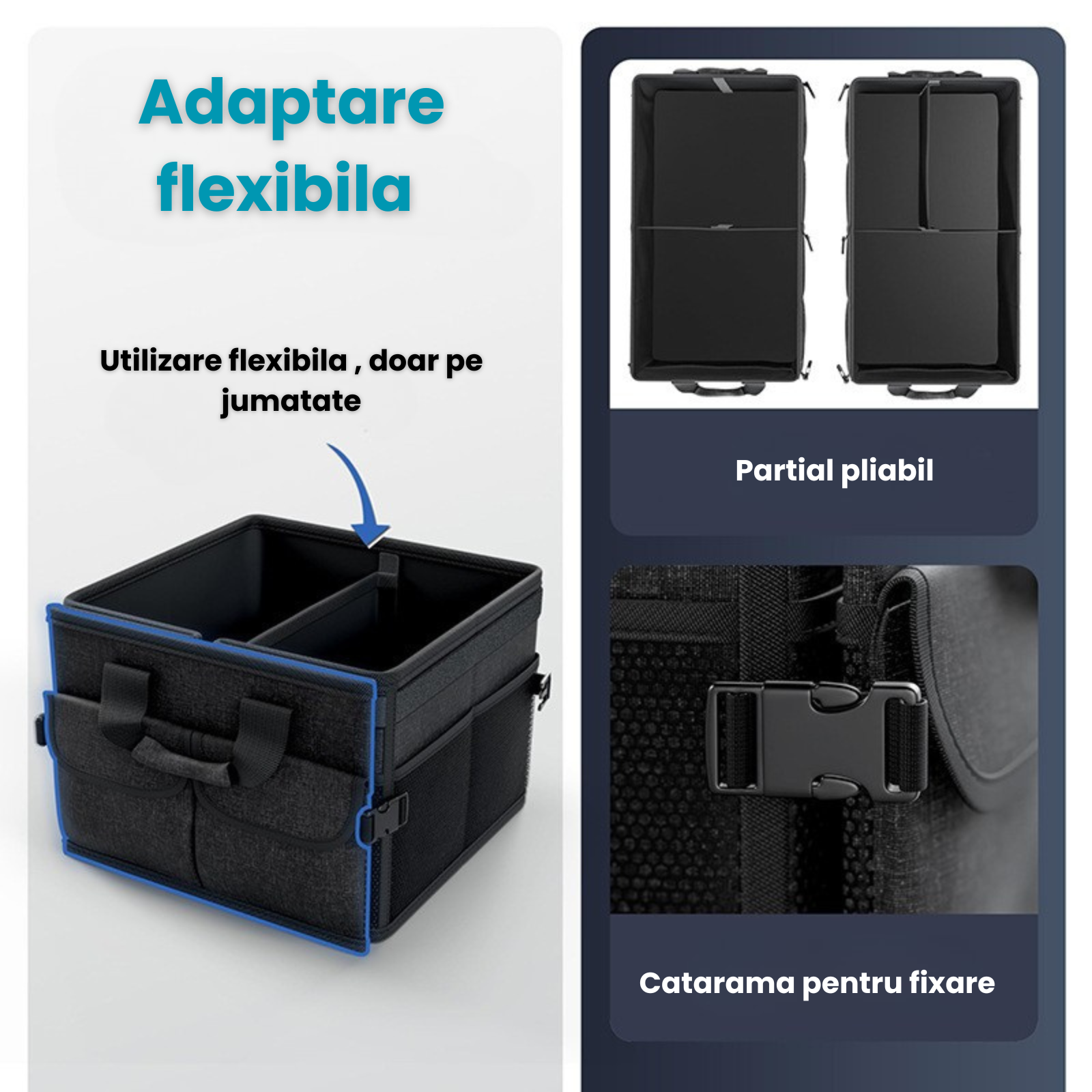 Organizator Portbagaj Auto 60L HASEPE, Pliabil, Multifunctional, Capac Detasabil, Curele Fixare si Baza Antialunecare, 3 Compartimente Mari + Buzunare Laterale, 51x32x37 cm, Negru Oxford