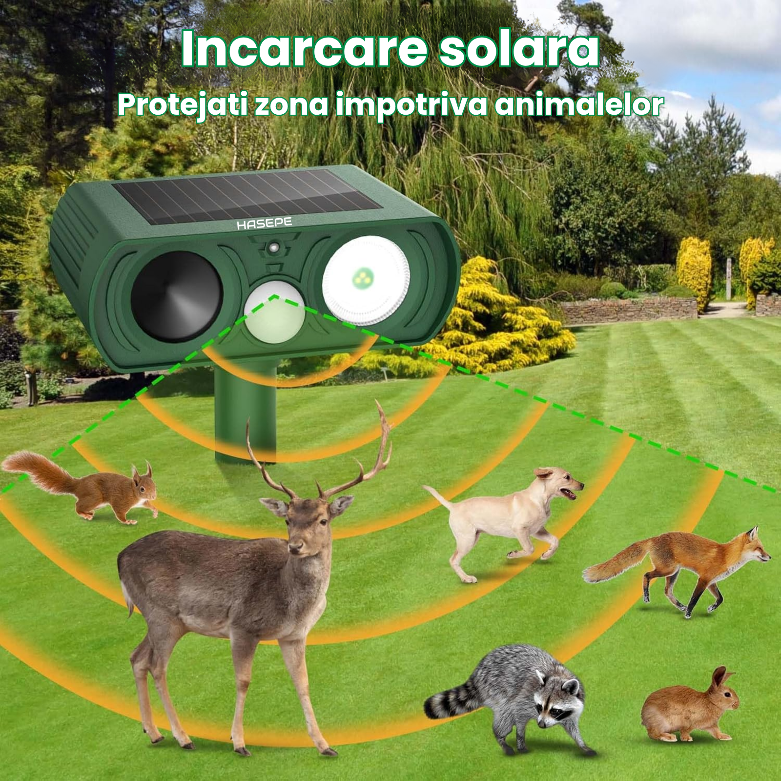 Dispozitiv Ultrasonic Solar Anti - Animale HASEPE, cu Senzor de Miscare 120°, LED Intermitent, Rezistent la Apa IP65, Protectie Ecologica pentru Gradina, Impotriva Pisicilor, Cainilor, Rozatoarelor si C - HASEPE