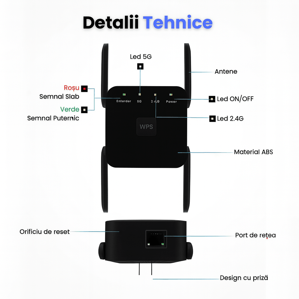 Range Extender WiFi HASEPE, Amplificator Wireless 1200 m², Suporta 80 Dispozitive, 4 Antene Puternice, Port Ethernet, Semnal Stabil, Instalare WPS Rapida, Compatibil Universal - HASEPE