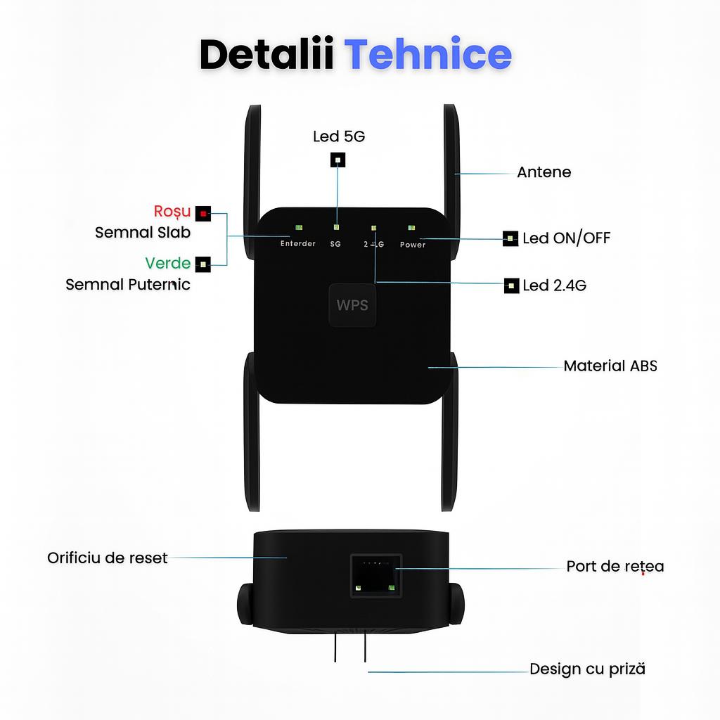 Range Extender WiFi HASEPE, Amplificator Wireless 1200 m², Suporta 80 Dispozitive, 4 Antene Puternice, Port Ethernet, Semnal Stabil, Instalare WPS Rapida, Compatibil Universal