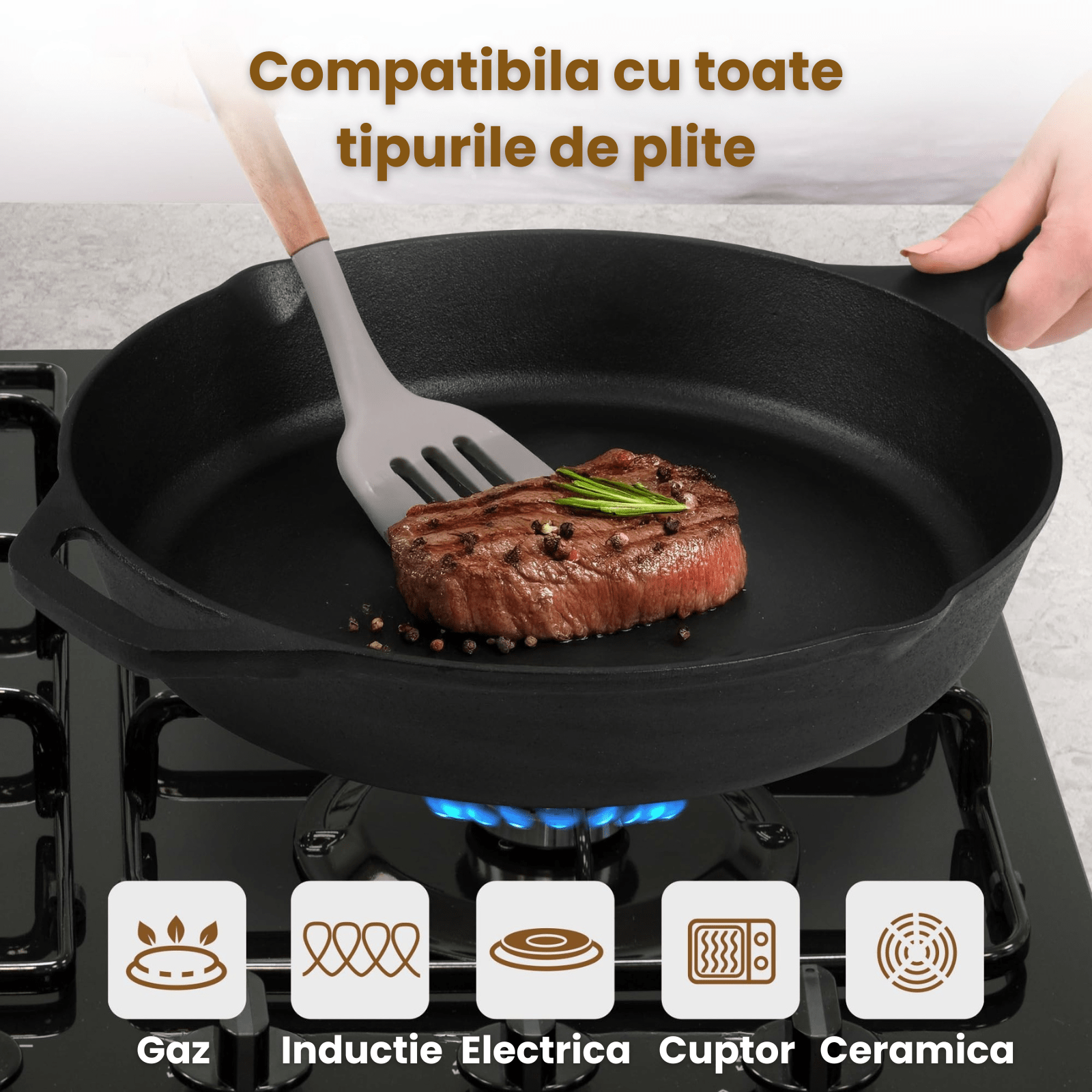 Tigaie rotunda din fonta HASEPE, compatibila cu inductie, cu manere duble si margini de scurgere, incalzire uniforma, durabila si usor de curatat, 26 x 5 cm - HASEPE