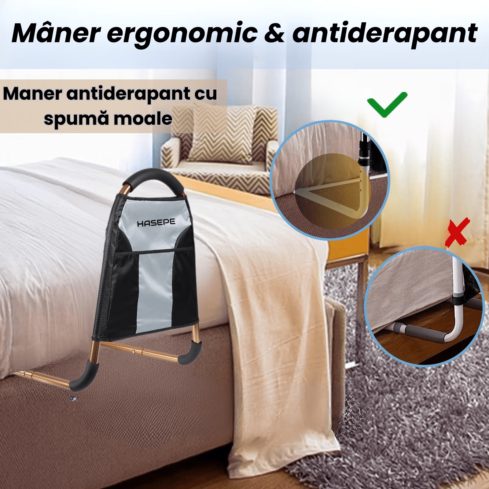 Maner de sprijin si balustrada pentru pat HASEPE, cu 3 bare de stabilizare si maner antiderapant, buzunar lateral, suport ridicare persoane varstnice, pacienti dupa operatie, femei insarcinate sau cu - HASEPE