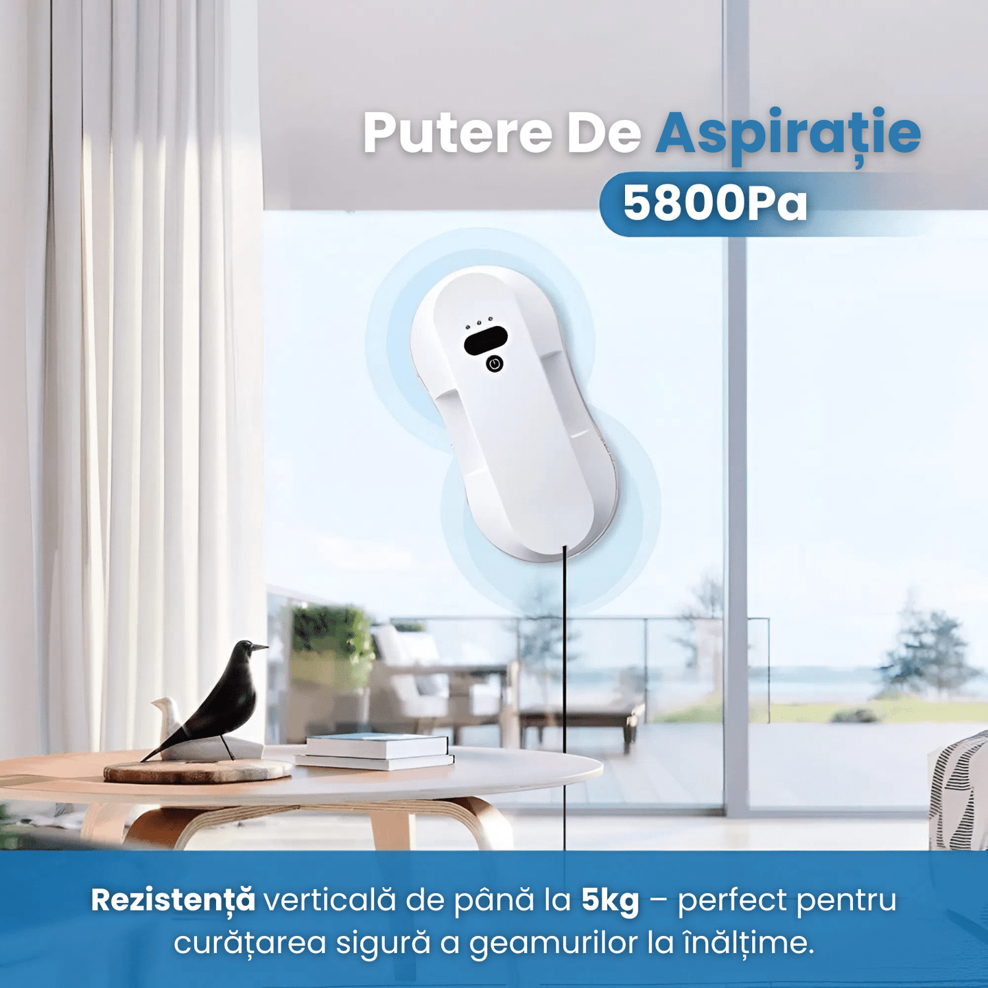 Robot Curatat Geamuri HASEPE, Aspirare Puternica 5800Pa, Pulverizare Automata 50ml, 3 Moduri Auto, Telecomanda, Lavete Microfibra, Sigur pe Geamuri Inalte, Alb - HASEPE