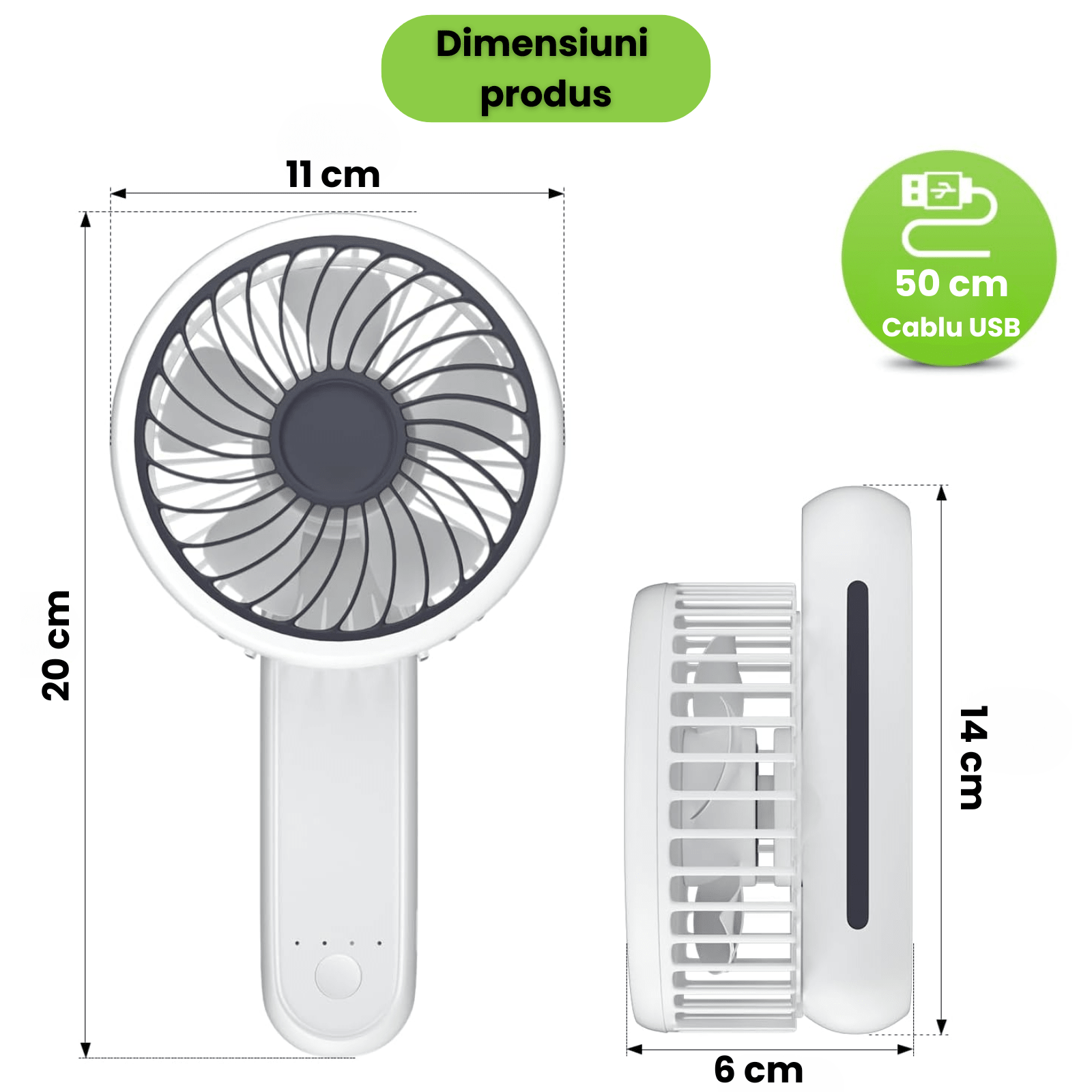 Ventilator portabil pliabil USB HASEPE, 3 viteze, rotire 180°, diametru 21 cm, autonomie 1,5–5 ore, compact si silentios, ideal pentru birou, plaja, calatorii, alb - HASEPE