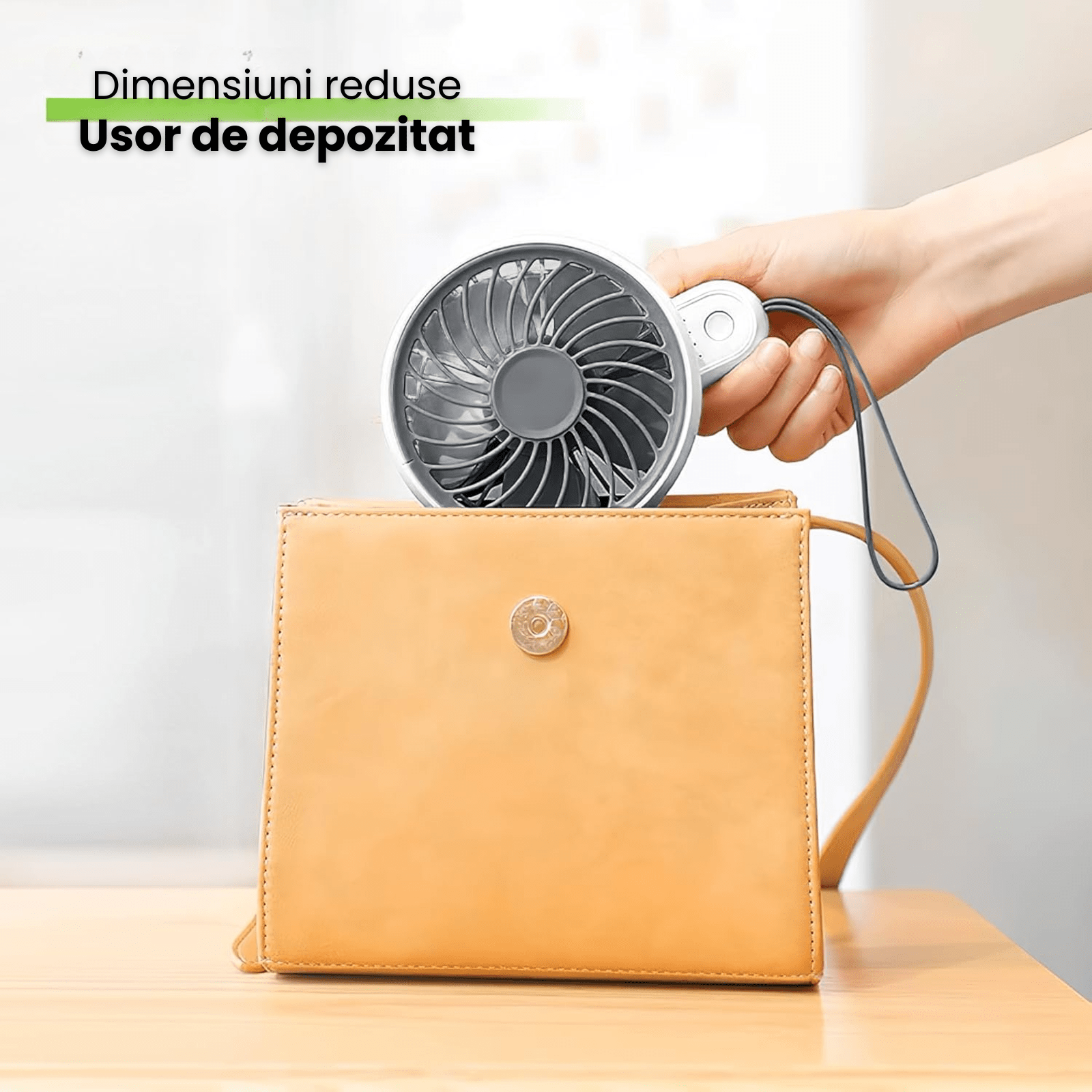 Ventilator portabil pliabil USB HASEPE, 3 viteze, rotire 180°, diametru 21 cm, autonomie 1,5–5 ore, compact si silentios, ideal pentru birou, plaja, calatorii, alb - HASEPE
