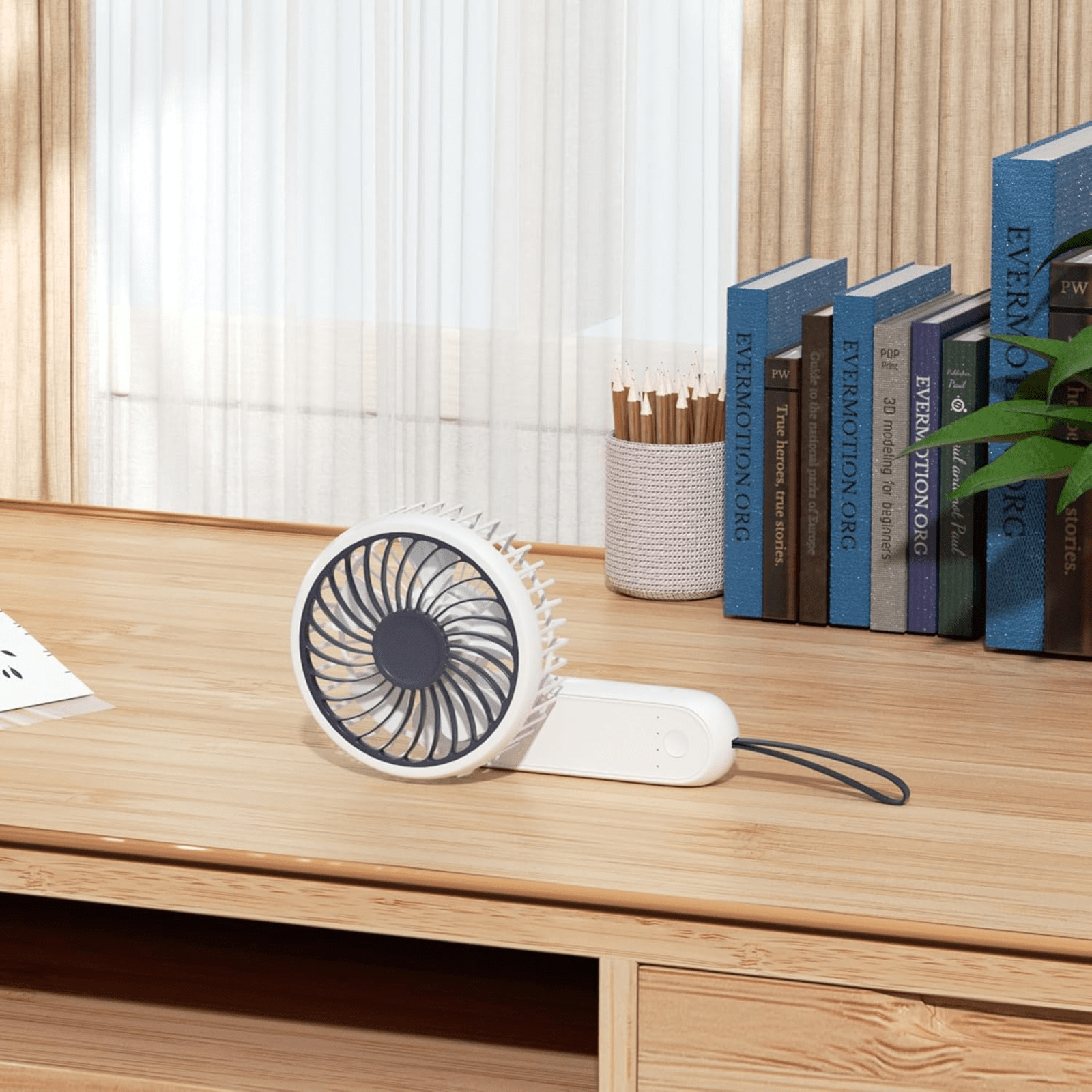 Ventilator portabil pliabil USB HASEPE, 3 viteze, rotire 180°, diametru 21 cm, autonomie 1,5–5 ore, compact si silentios, ideal pentru birou, plaja, calatorii, alb - HASEPE
