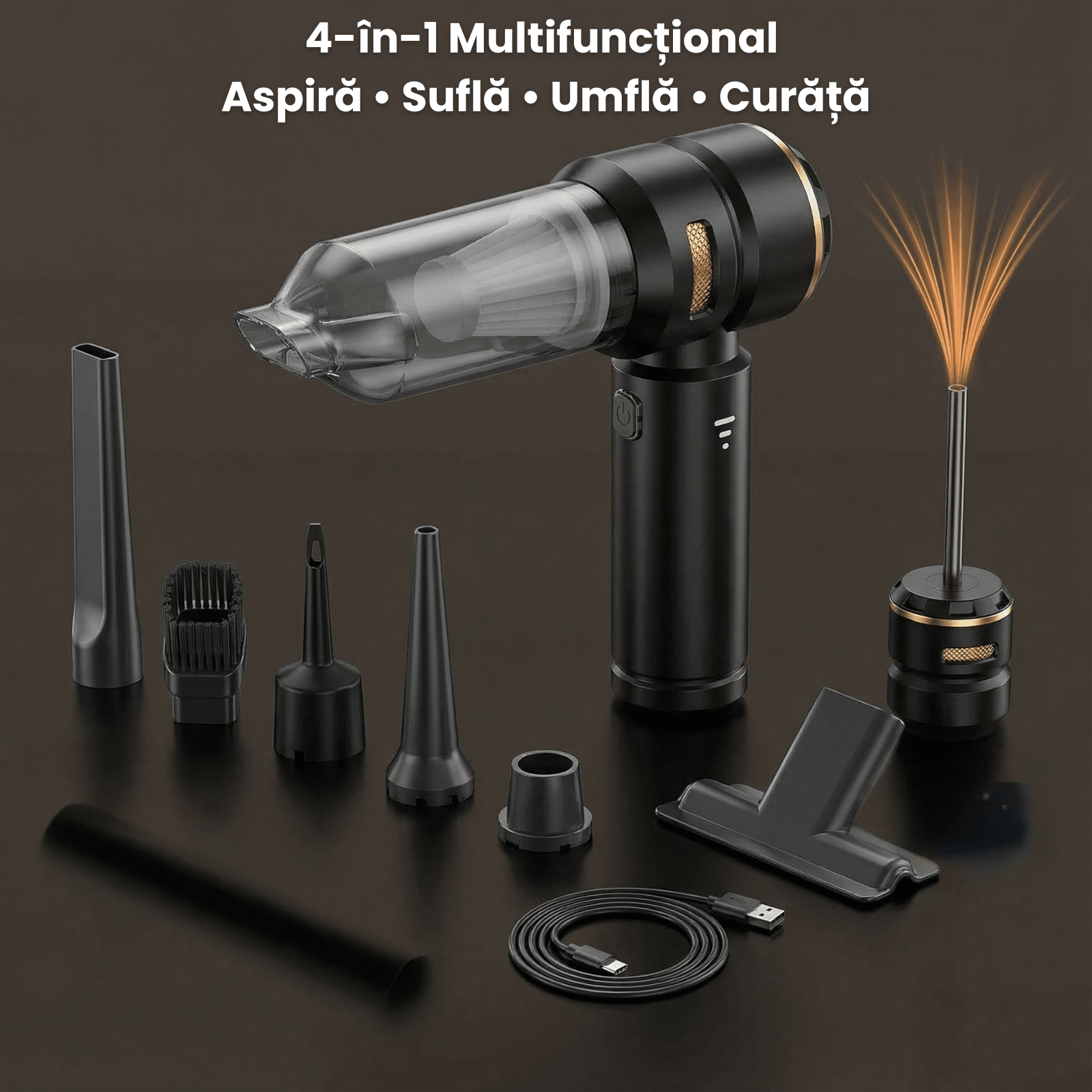 Aspirator Auto HASEPE, Portabil De Mana 4 In 1, Aspirator Auto Cu Acumulator 6000 mAh, Putere 100W, 3 Viteze, Filtru HEPA, Functie Suflanta Si Aspirare, Aspirator Auto Pentru Masina Si Uz Casnic - HASEPE