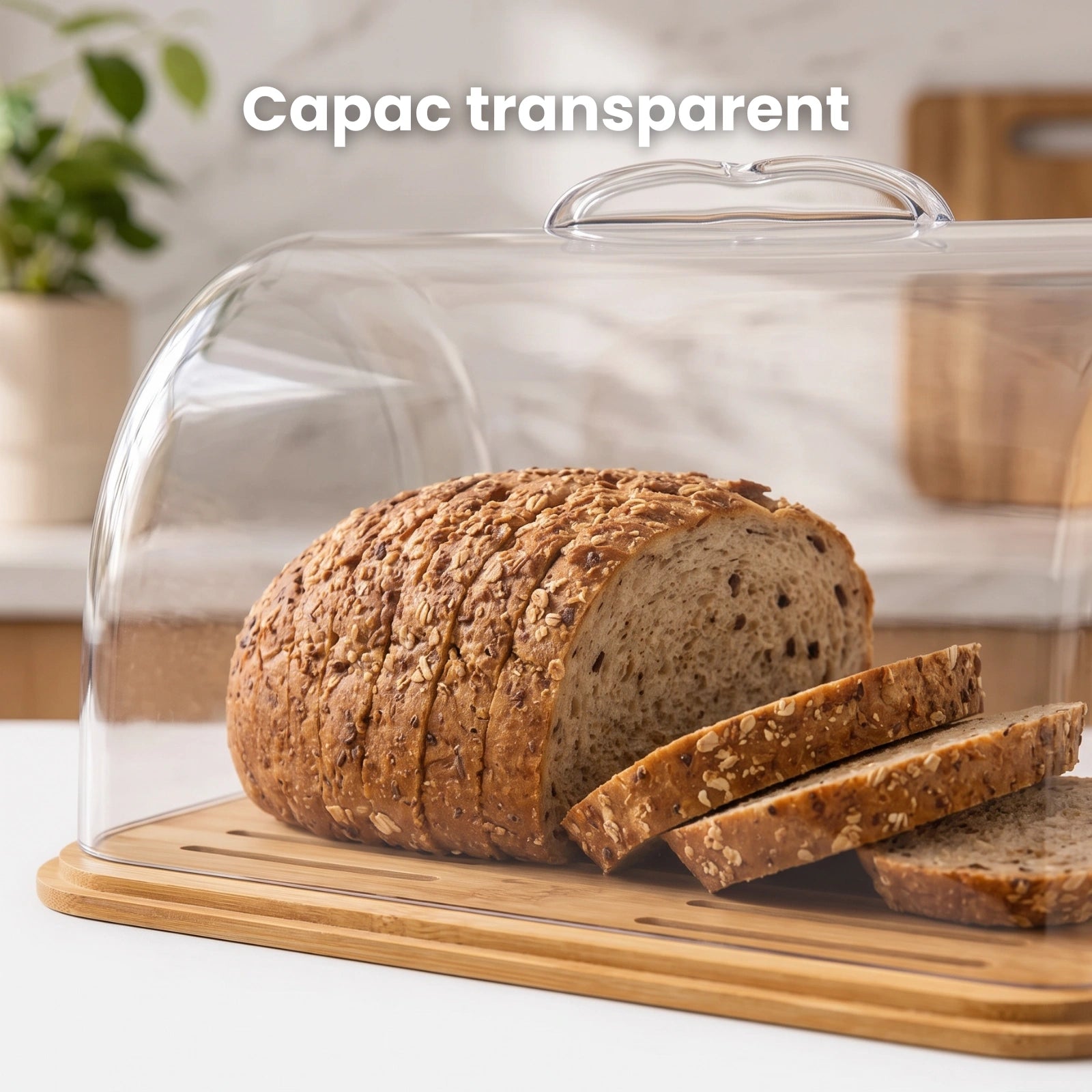 Cutie Paine HASEPE® Cu Capac Transparent, Cutie Depozitare Paine Din Plastic PP Si Bambus