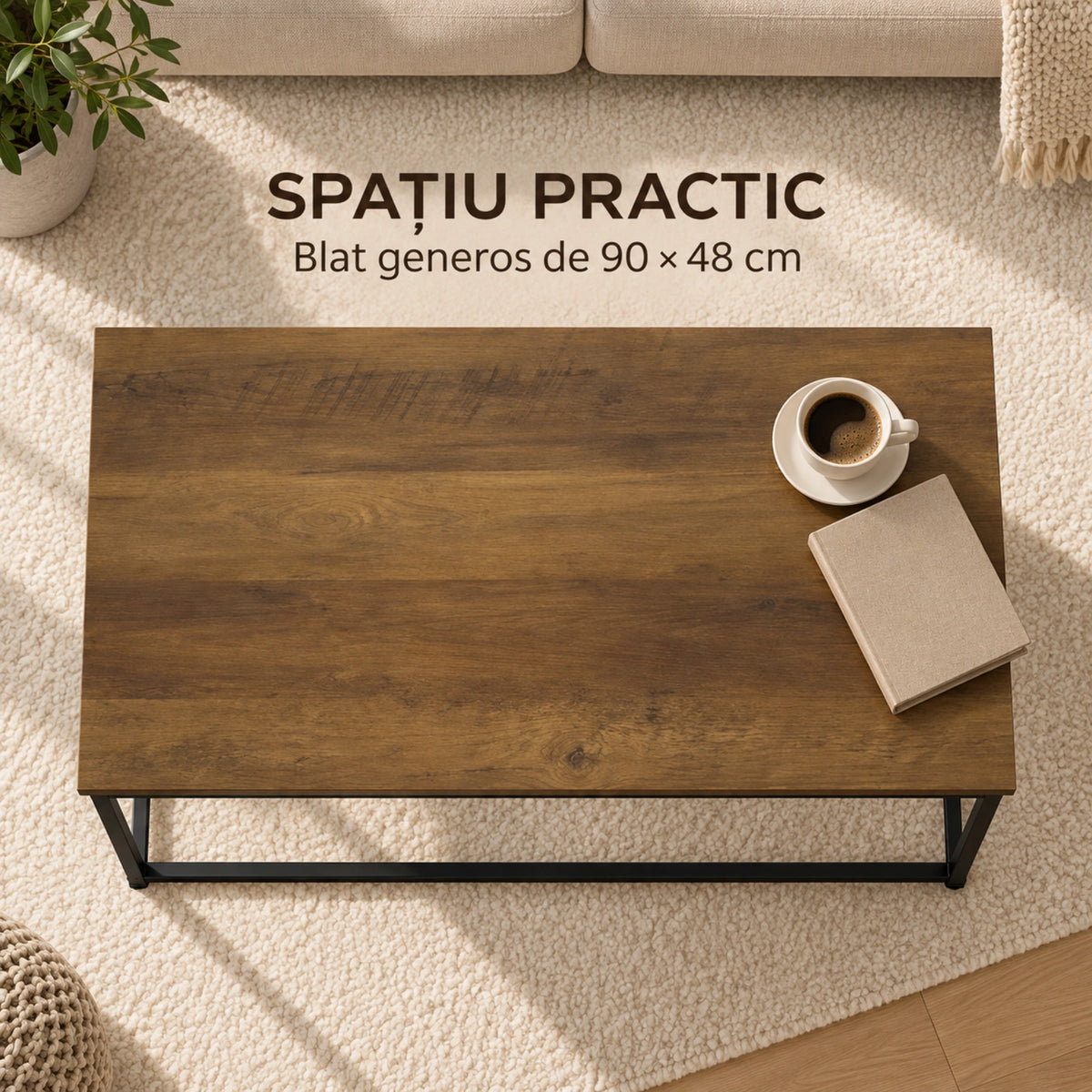 Masa HASEPE® Dreptunghiulara 90x48x40 cm, Blat MDF Culoare Naturala Si Cadru Metalic Negru, Masuta Pentru Living Si Interior