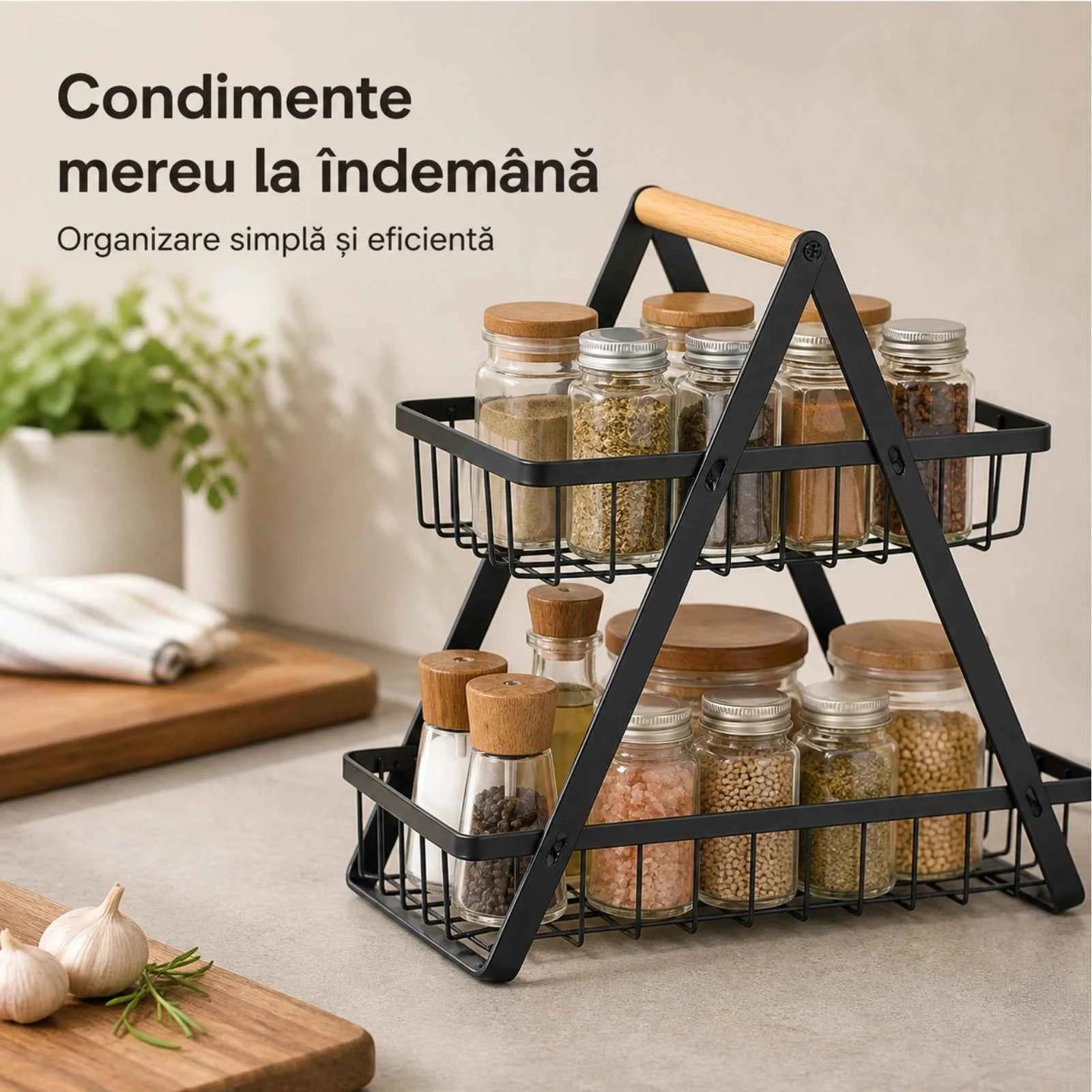 Raft Bucatarie HASEPE® Cu 2 Nivele, Etajera Depozitare Metalica Neagra Cu Maner Din Lemn, 22x14x26cm