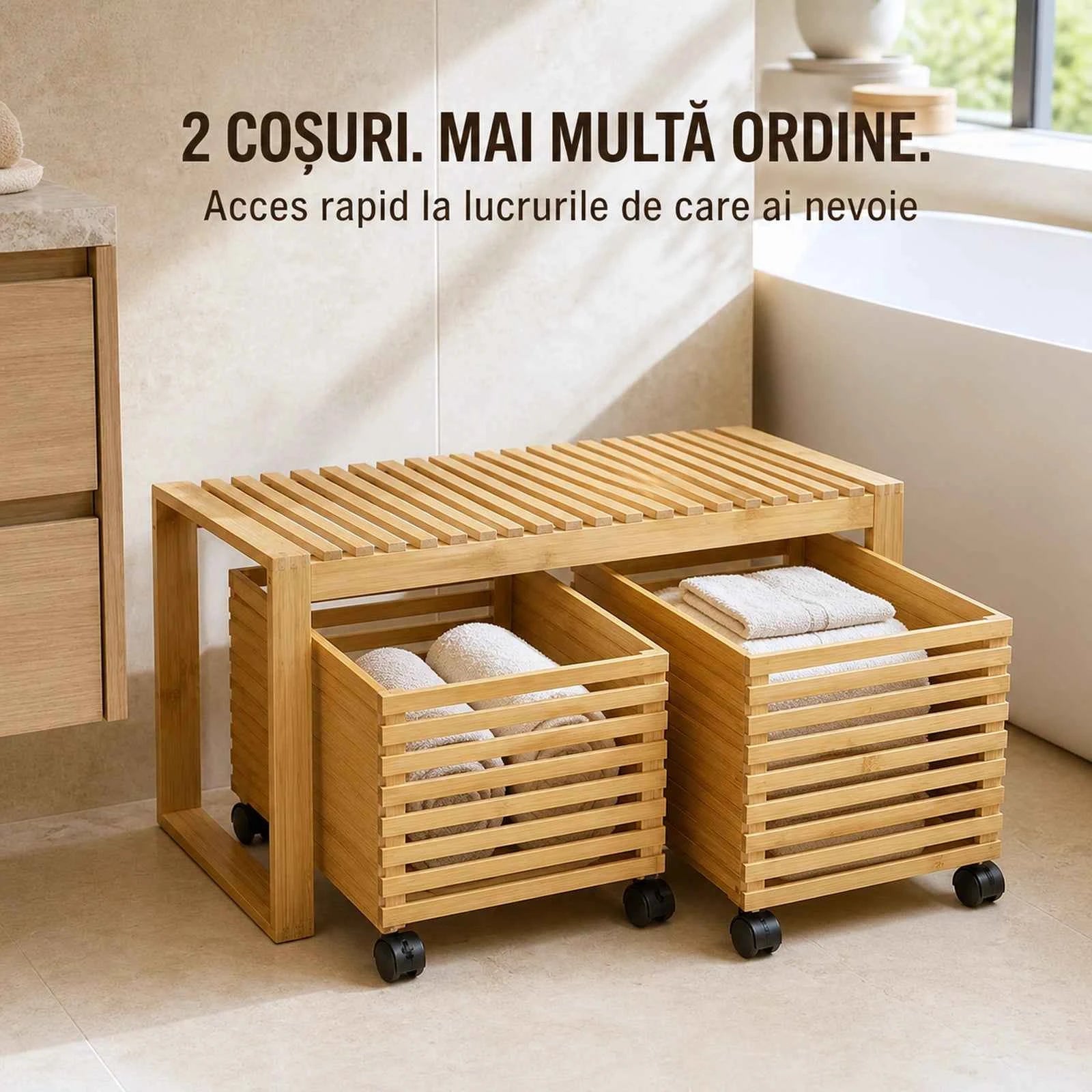 Cos de rufe HASEPE® din Bambus cu Taburet, cos depozitare cu 2 sertare pe roti, banca cu depozitare 38x38,5x75,6 cm