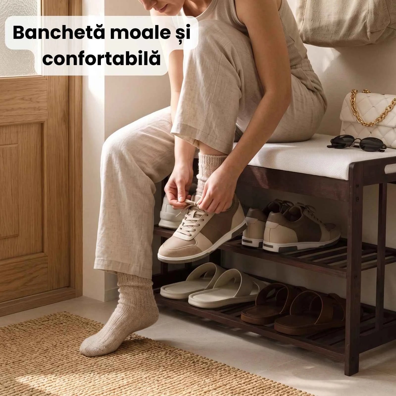 Pantofar HASEPE® Dulap Pantofi Cu Bancheta Din Lemn, Organizator Pantofi Cu 3 Nivele Mari