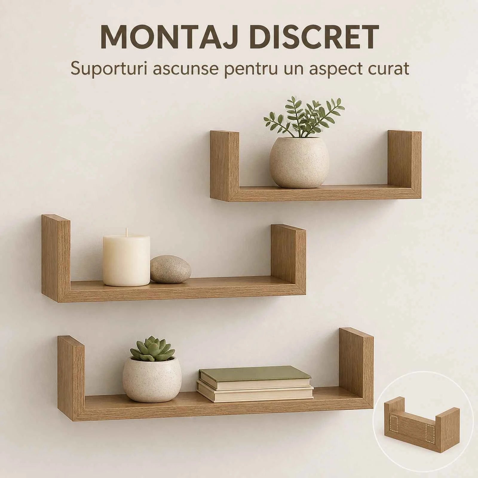 Set 3 Rafturi De Perete HASEPE®, Set 3 Rafturi Suspendate Maro, Rafturi Decorative Cu Suporturi Ascunse