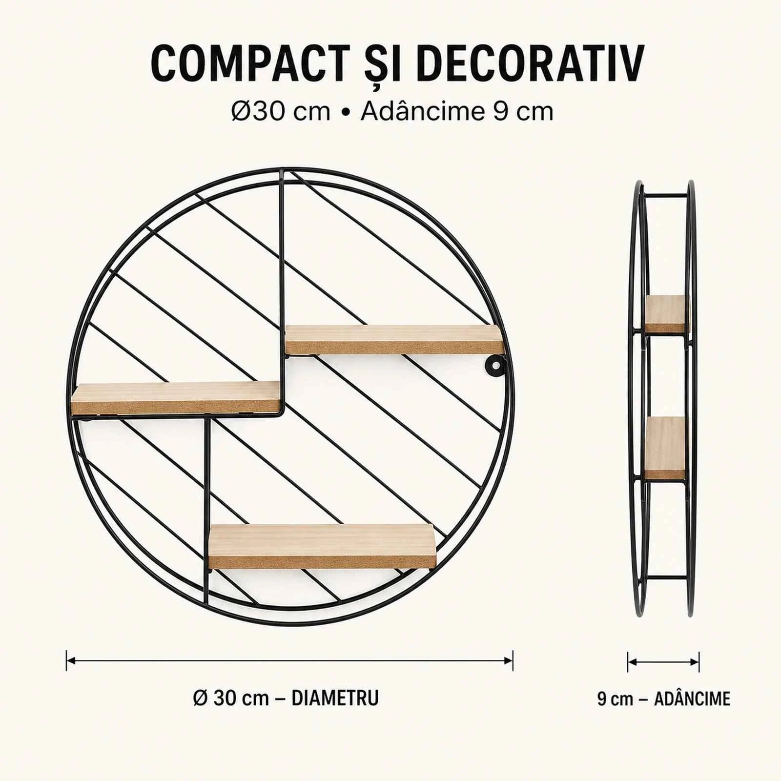 Raft Suspendat HASEPE® Decorativ Rotund, Raft Perete cu 3 Nivele MDF, Etajera Perete Metal si Lemn, Raft Suspendat Ø30x9 cm
