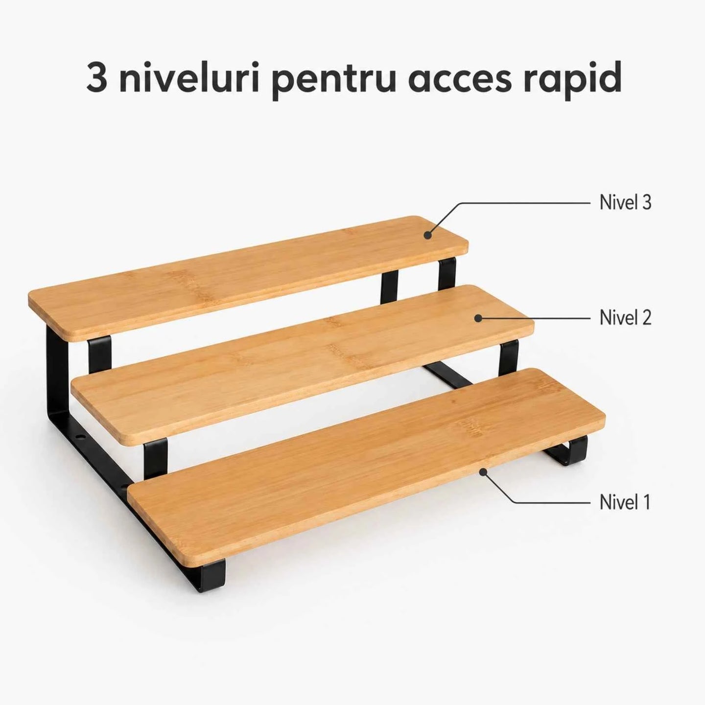 Suport condimente HASEPE® din bambus si metal, organizator condimente cu 3 niveluri pentru bucatarie, suport condimente 32x23x9,8 cm