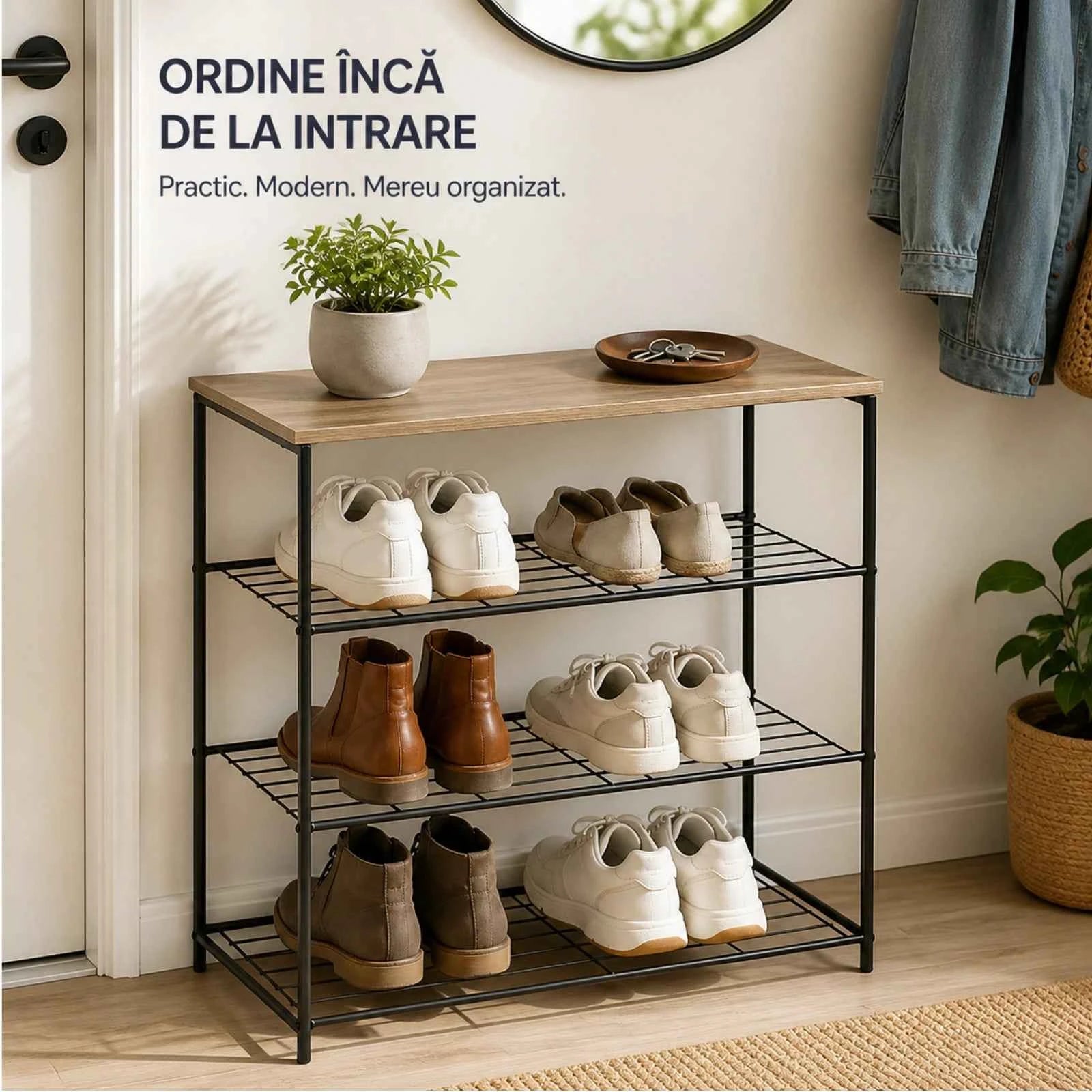 Pantofar HASEPE® Metalic cu Raft din Lemn, 3 Rafturi pentru Incaltaminte, 60x30x63 cm, Pantofar pentru Hol si Intrare