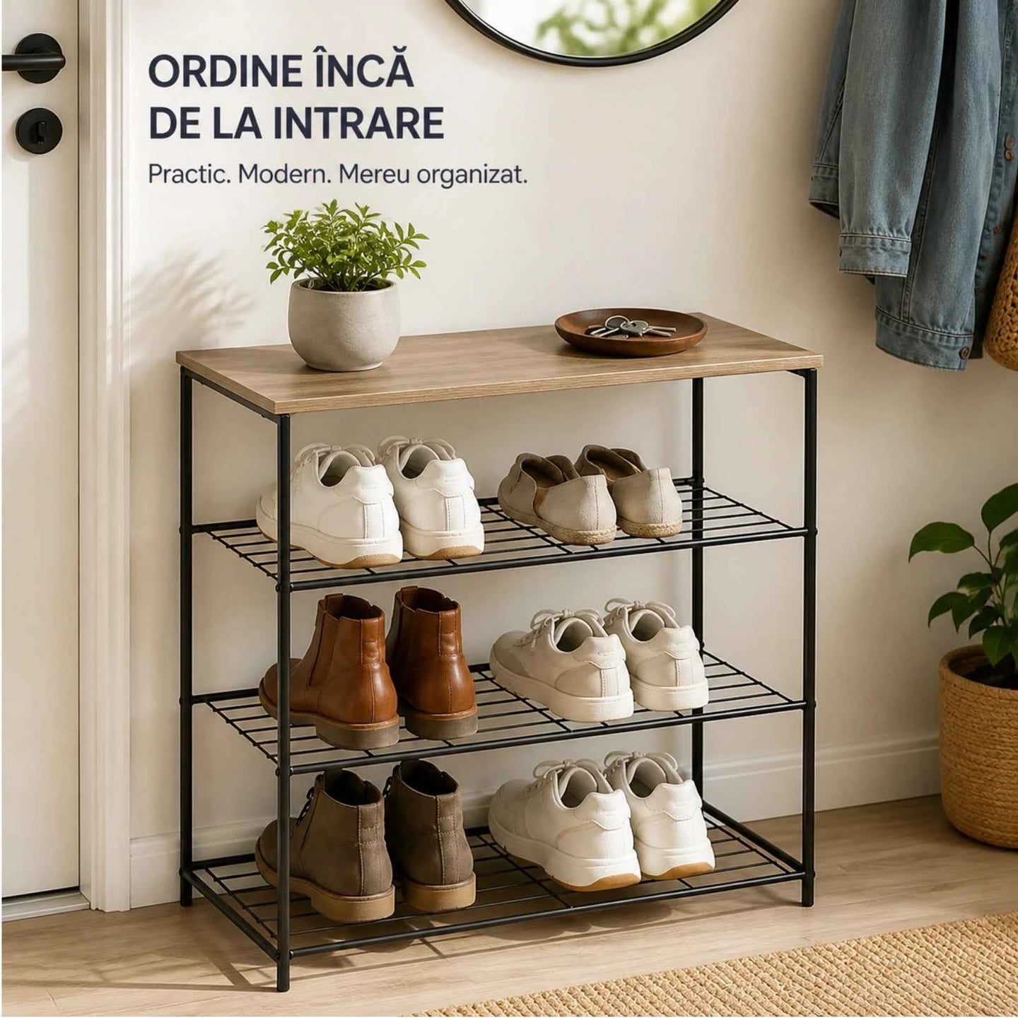 Pantofar HASEPE® Metalic cu Raft din Lemn, 3 Rafturi pentru Incaltaminte, 60x30x63 cm, Pantofar pentru Hol si Intrare