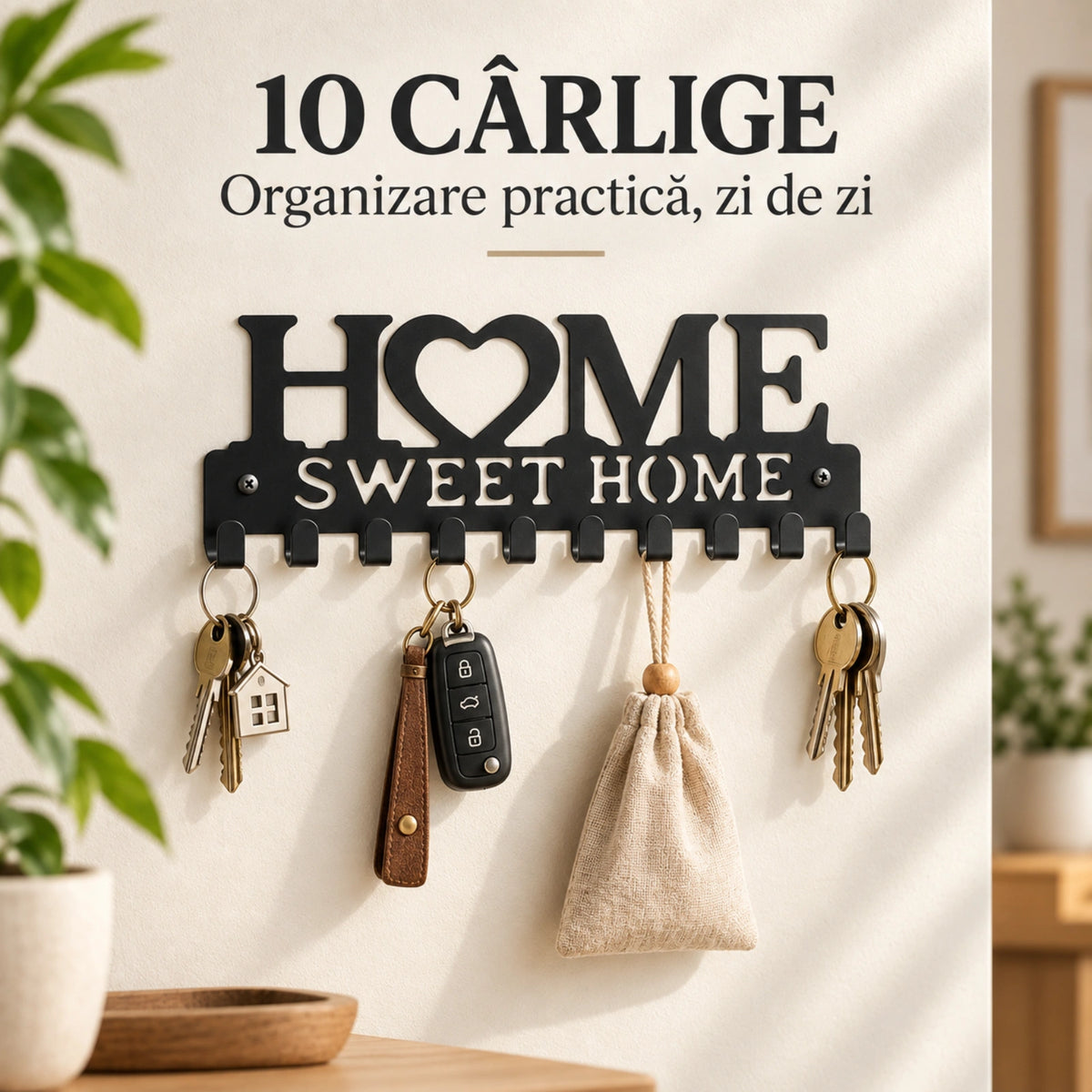 Cuier de perete HASEPE® metalic negru, 10 carlige, model Home Sweet Home, cuier perete pentru chei, 26x9,2x1,7 cm