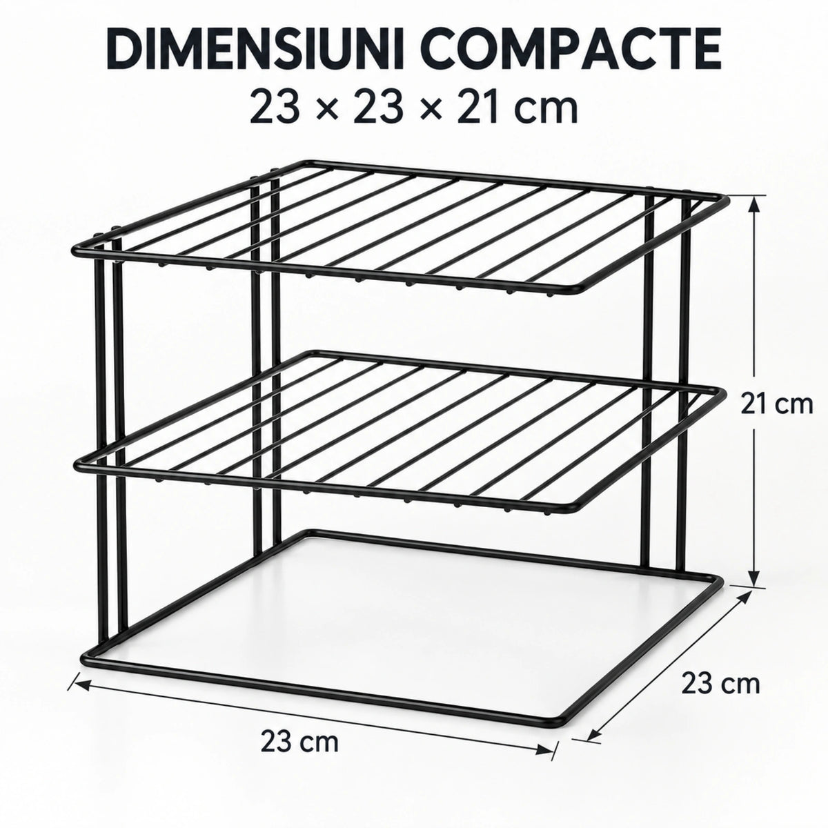 Organizator bucatarie HASEPE® raft de colt cu 3 nivele, metal negru, 23x23x21 cm, raft organizator pentru farfurii si dulap