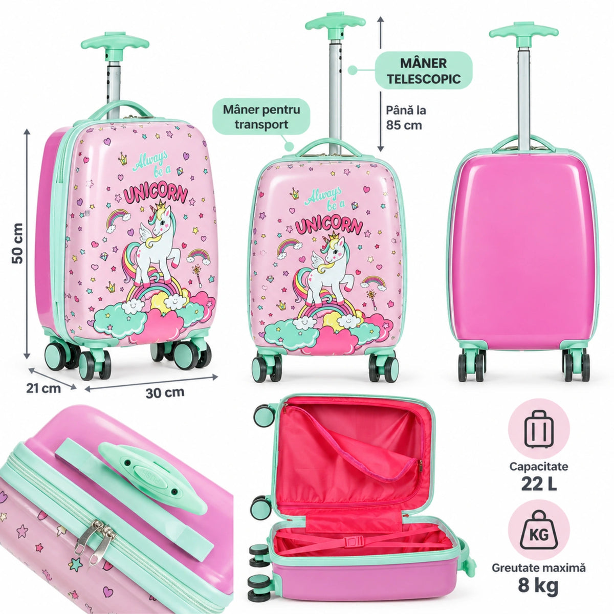 Troler Copii HASEPE® Roz Verde cu Unicorn, Valiza Copii 22.8L din Copolimer ABS, 4 Roti Duble Rotative, Maner Telescopic pana la 85 cm