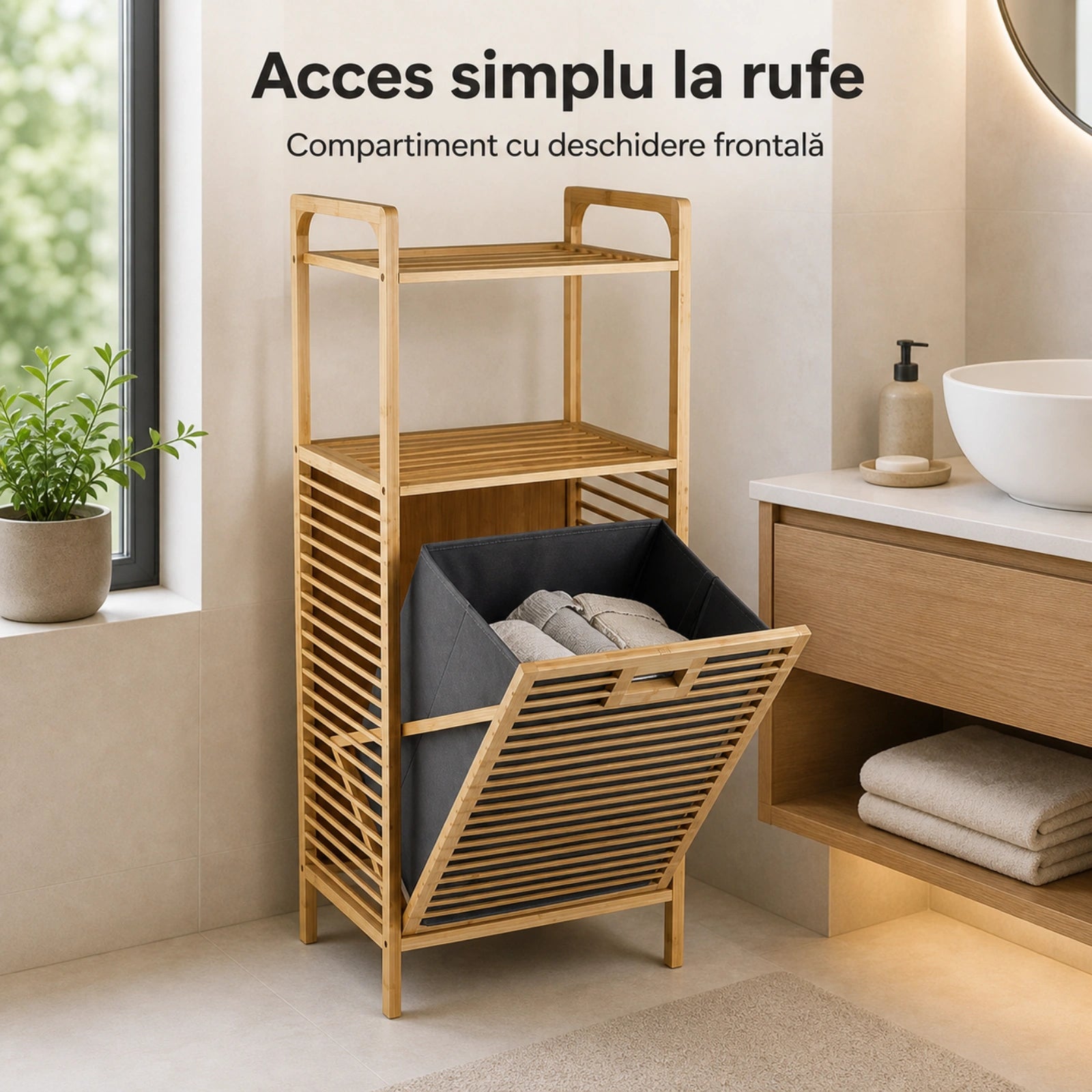 Cos Rufe HASEPE® Din Bambus Cu Rafturi, Cos Rufe Cu Sac Textil Detasabil, 40x30x95cm