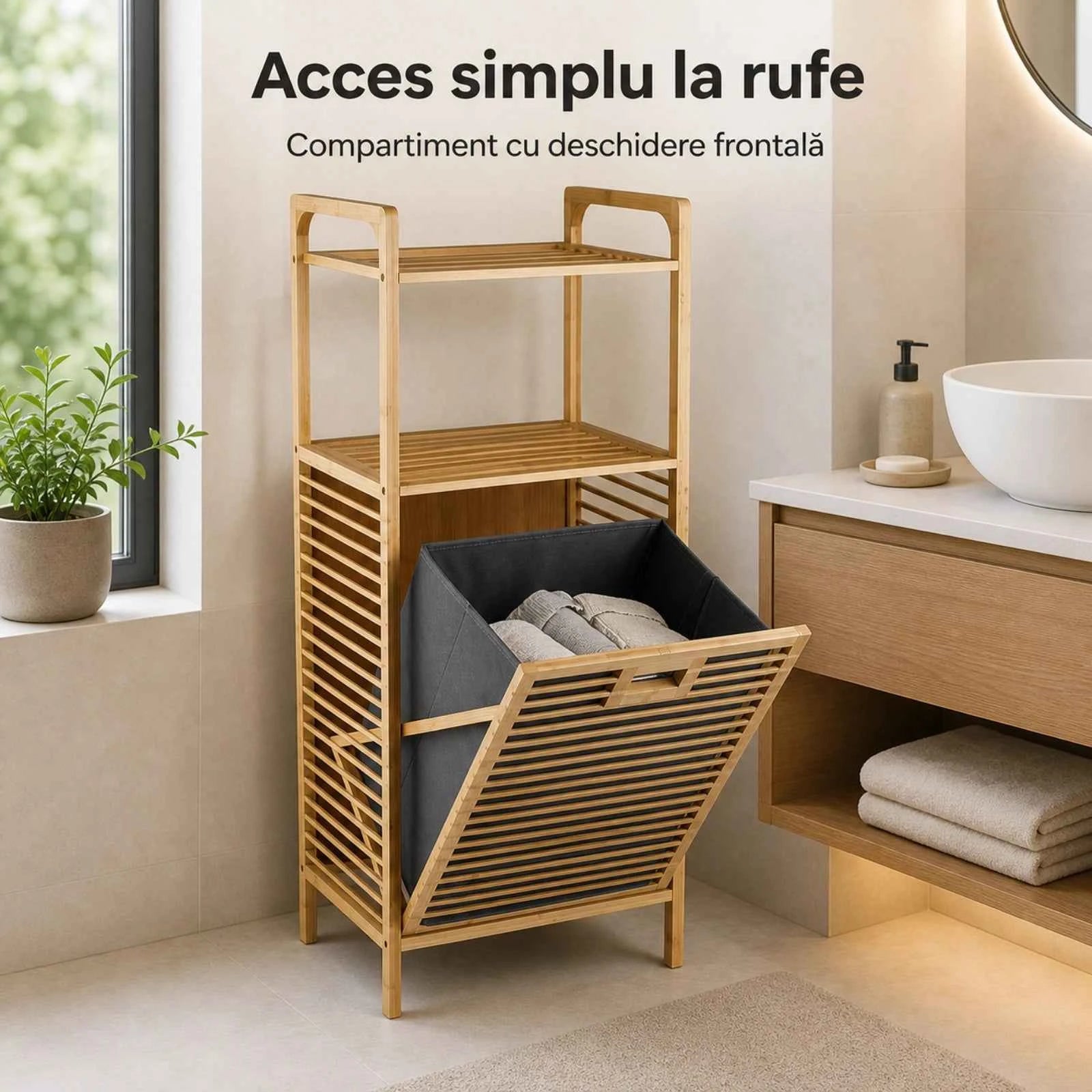 Cos Rufe HASEPE® Din Bambus Cu Rafturi, Cos Rufe Cu Sac Textil Detasabil, 40x30x95cm
