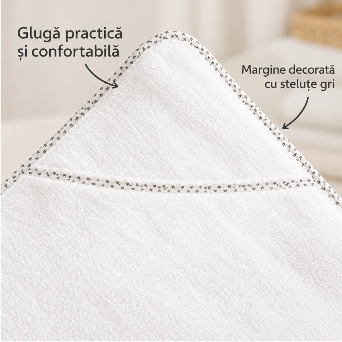 Prosop cu Gluga HASEPE®, din Bumbac, Alb cu Stele Gri, 75x75 cm