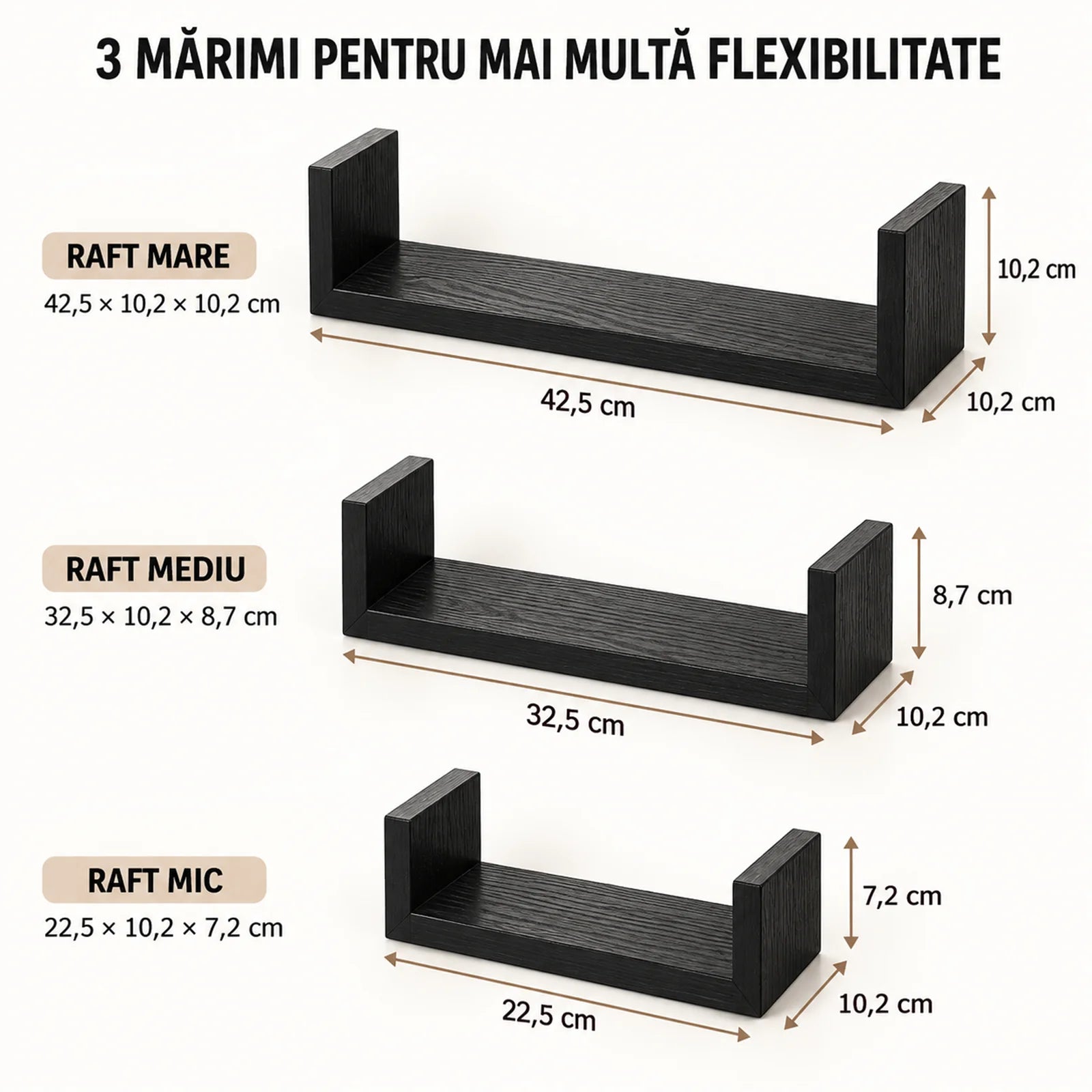 Set 3 Rafturi De Perete HASEPE®, Set 3 Rafturi Suspendate Negru, Rafturi Decorative Cu Suporturi Ascunse