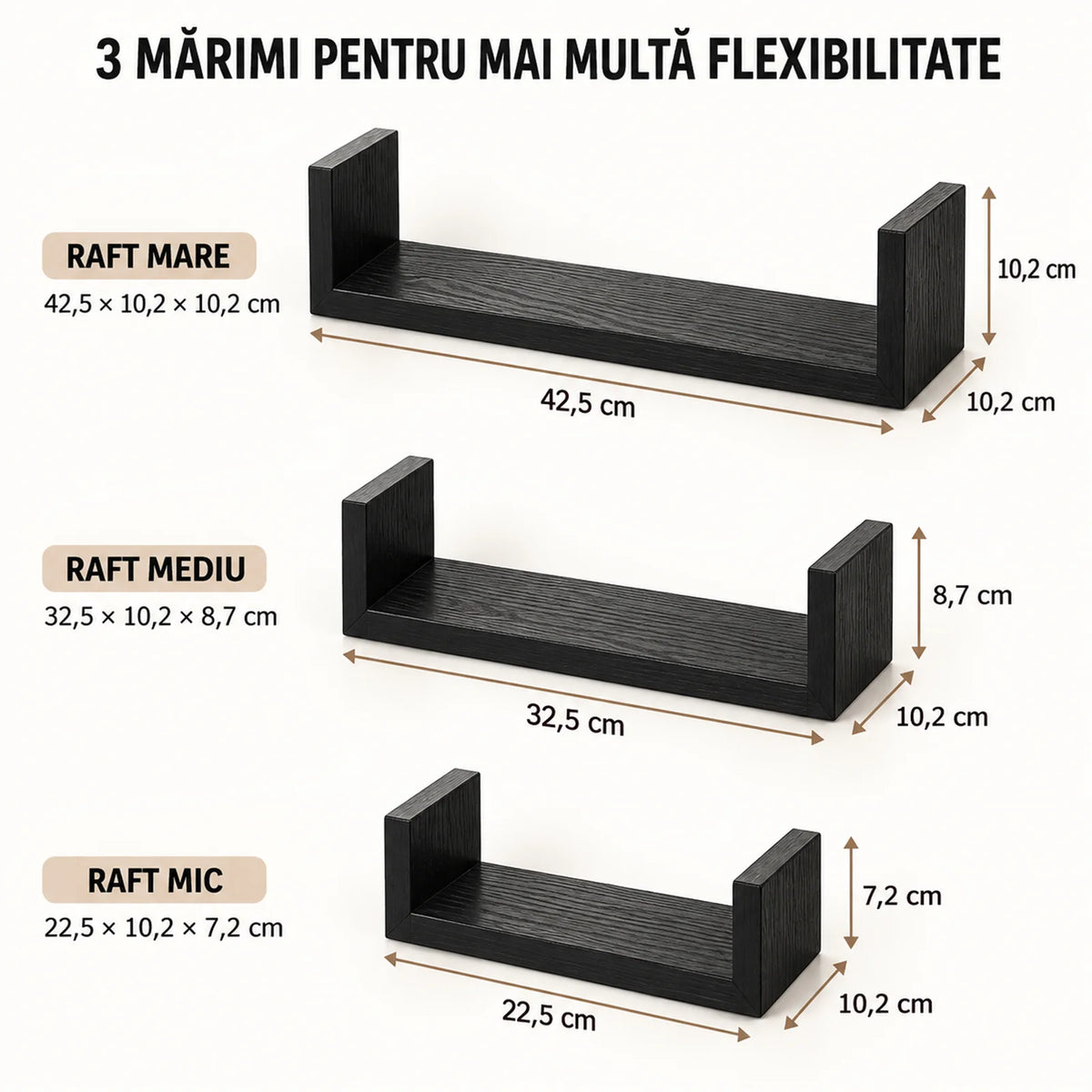 Set 3 Rafturi De Perete HASEPE®, Set 3 Rafturi Suspendate Negru, Rafturi Decorative Cu Suporturi Ascunse