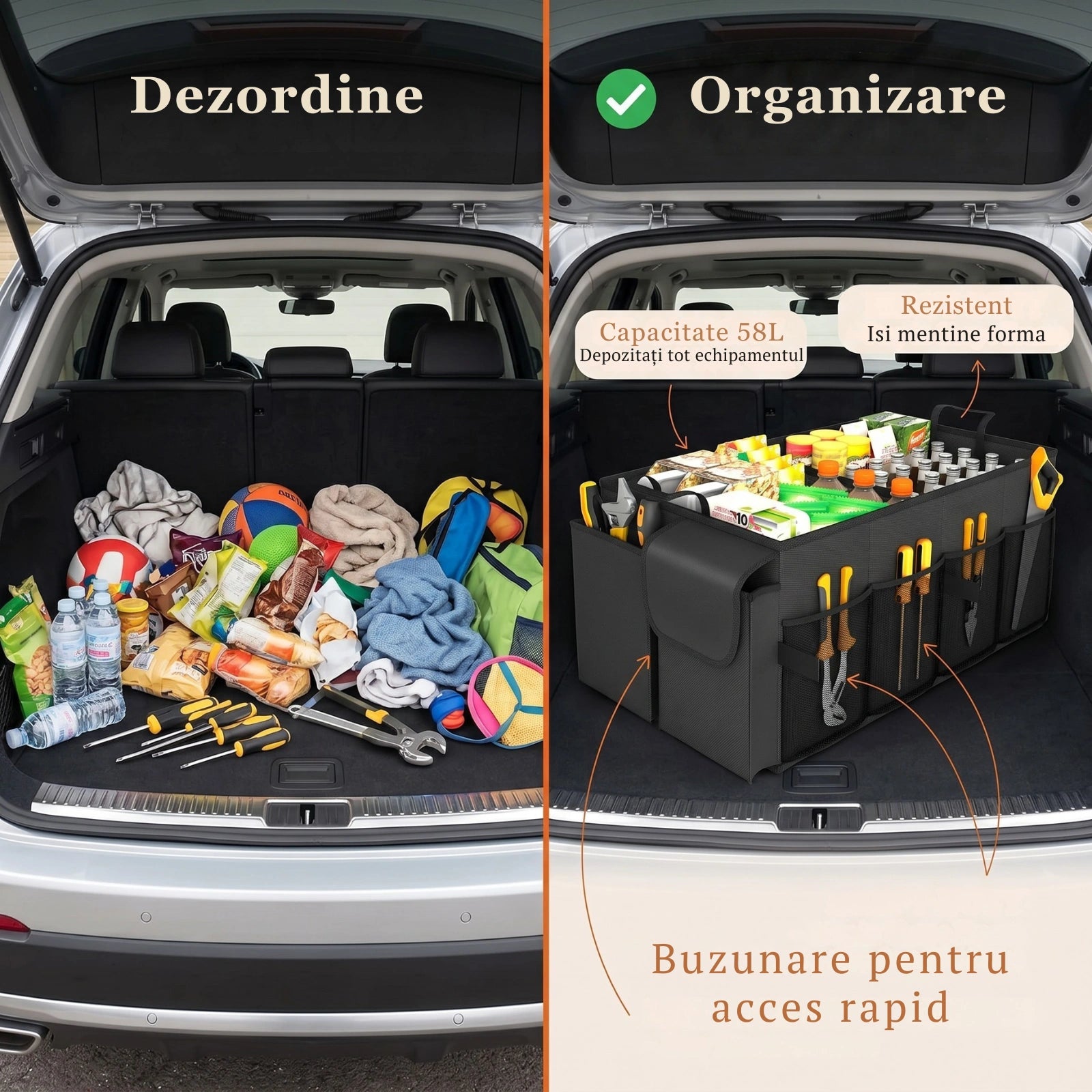 Organizator Portbagaj Auto 58L HASEPE, Pliabil, 3 Compartimente
