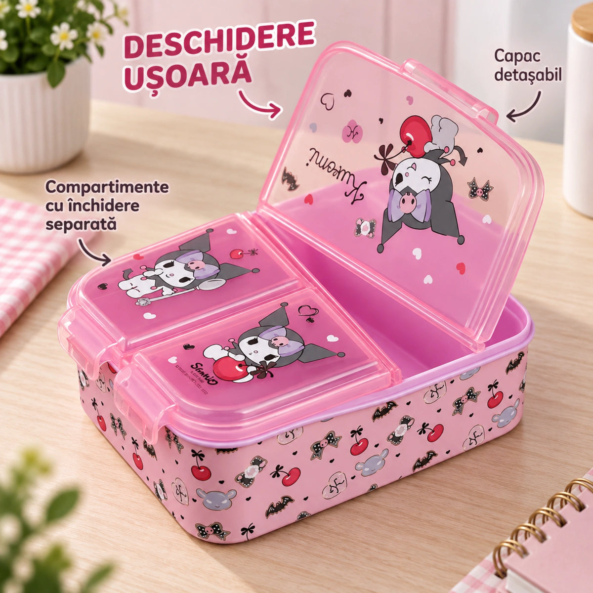 Cutie alimentara HASEPE®, 790 ml, 3 compartimente, caserola copii roz, cutie alimentara pentru scoala si after school