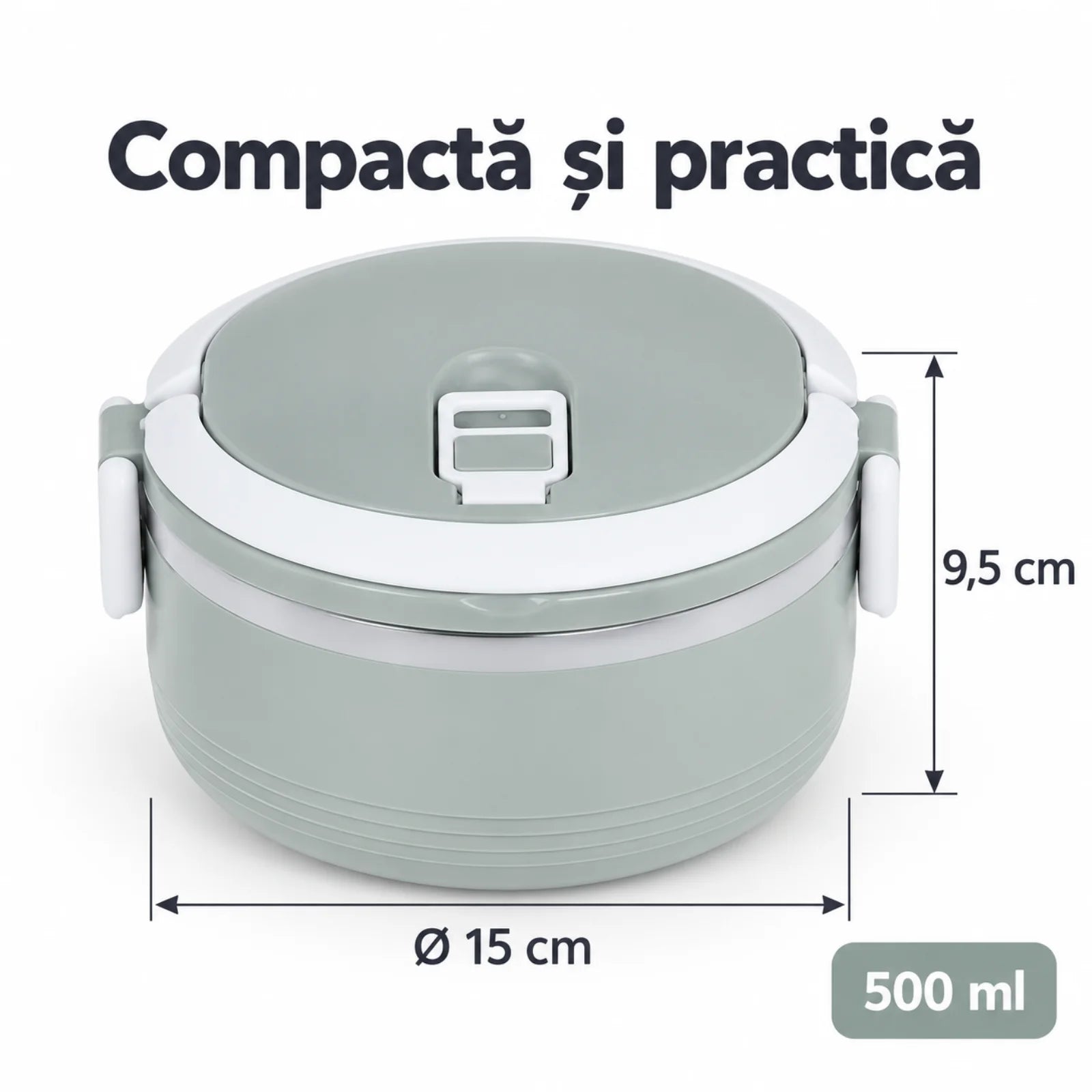 Caserola Termica HASEPE® Rotunda, 500 ml, Gri, Interior din Otel Inoxidabil