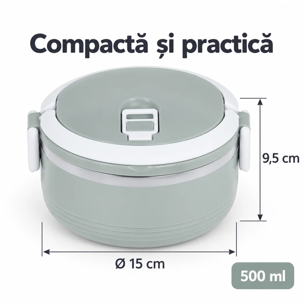 Caserola Termica HASEPE® Rotunda, 500 ml, Gri, Interior din Otel Inoxidabil