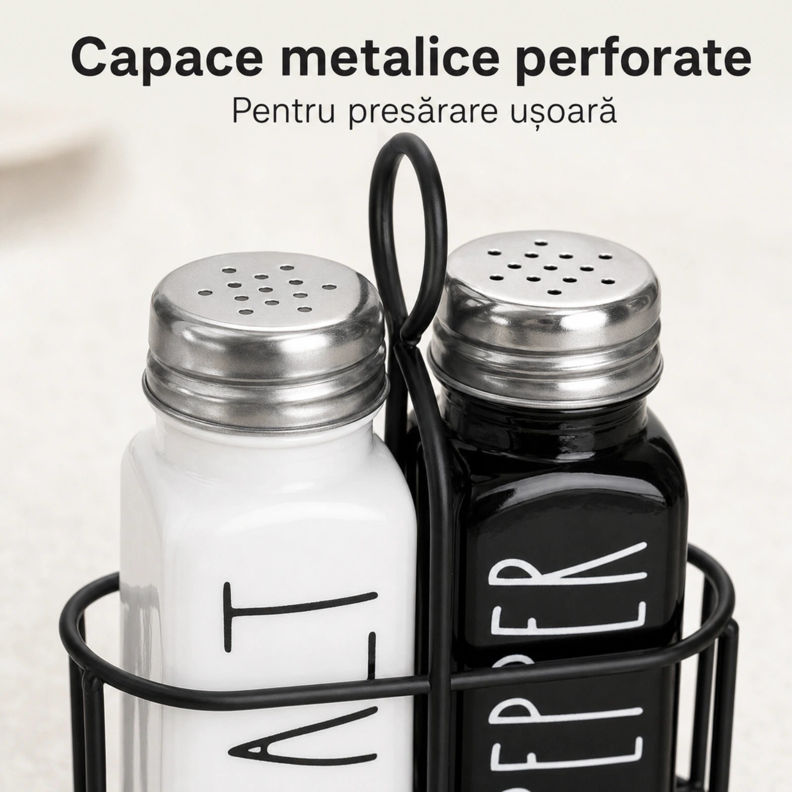 Set Solnita Sare Piper HASEPE® Din Sticla Cu Baza Metalica, Dozator Condimente Elegant 85ml