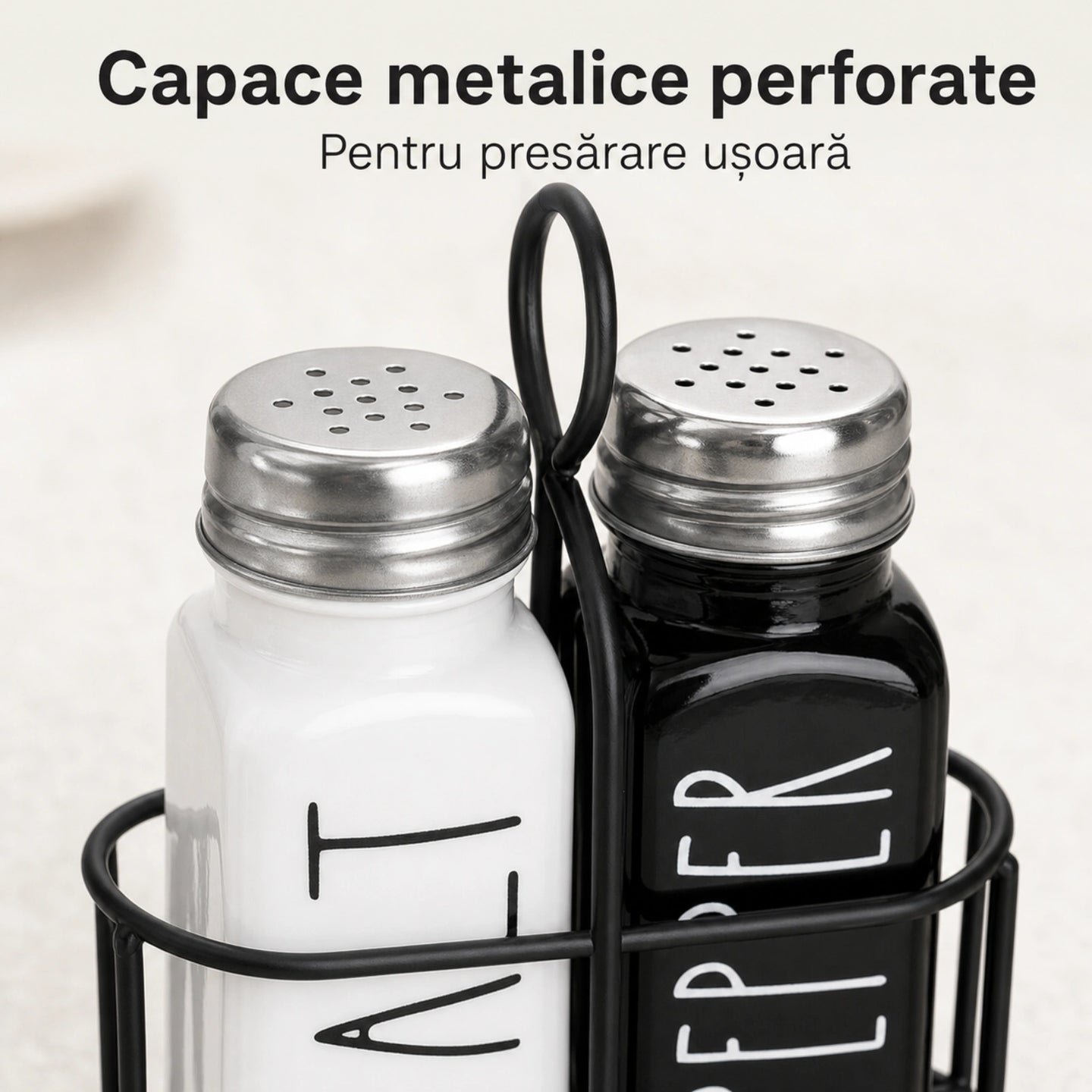 Set Solnita Sare Piper HASEPE® Din Sticla Cu Baza Metalica, Dozator Condimente Elegant 85ml