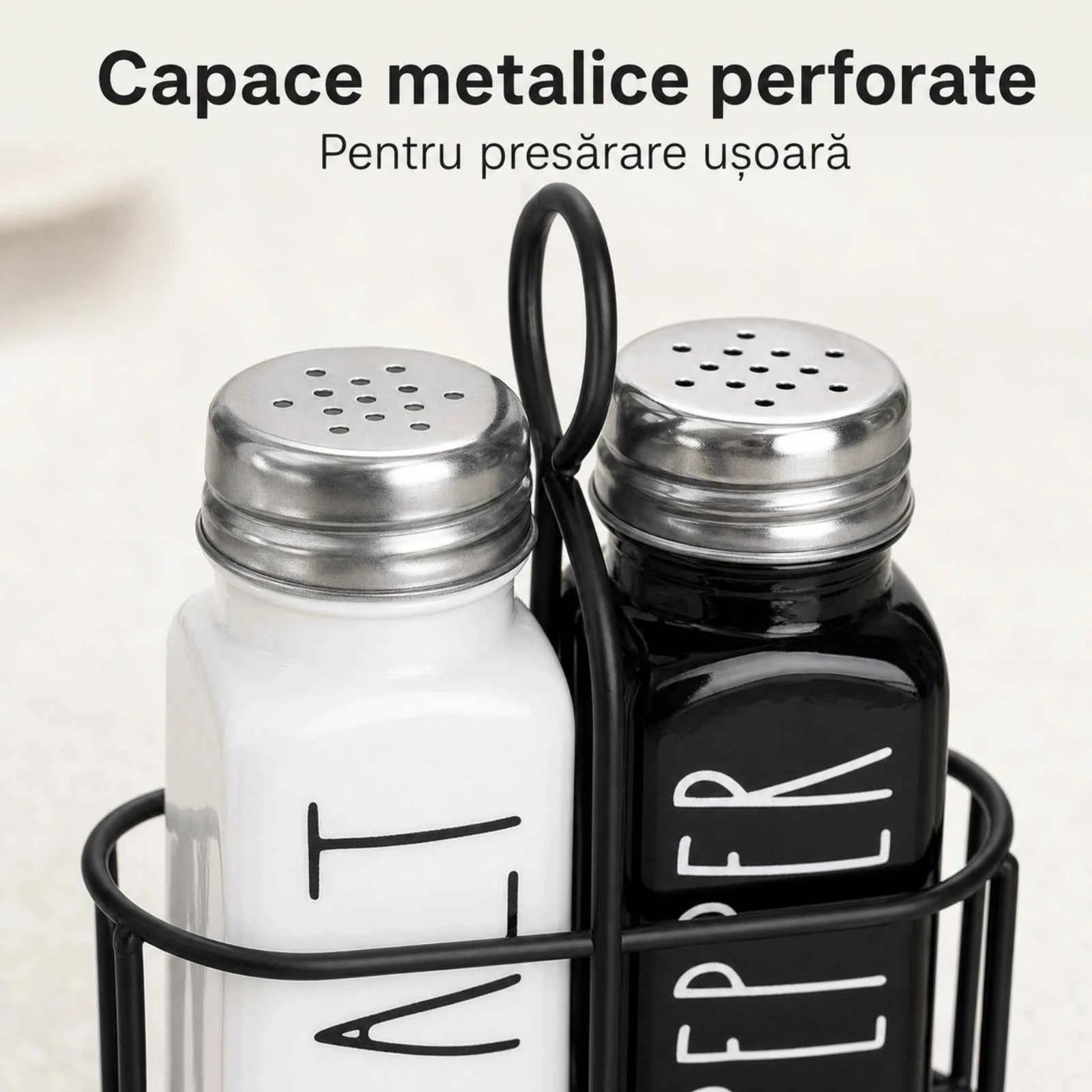 Set Solnita Sare Piper HASEPE® Din Sticla Cu Baza Metalica, Dozator Condimente Elegant 85ml
