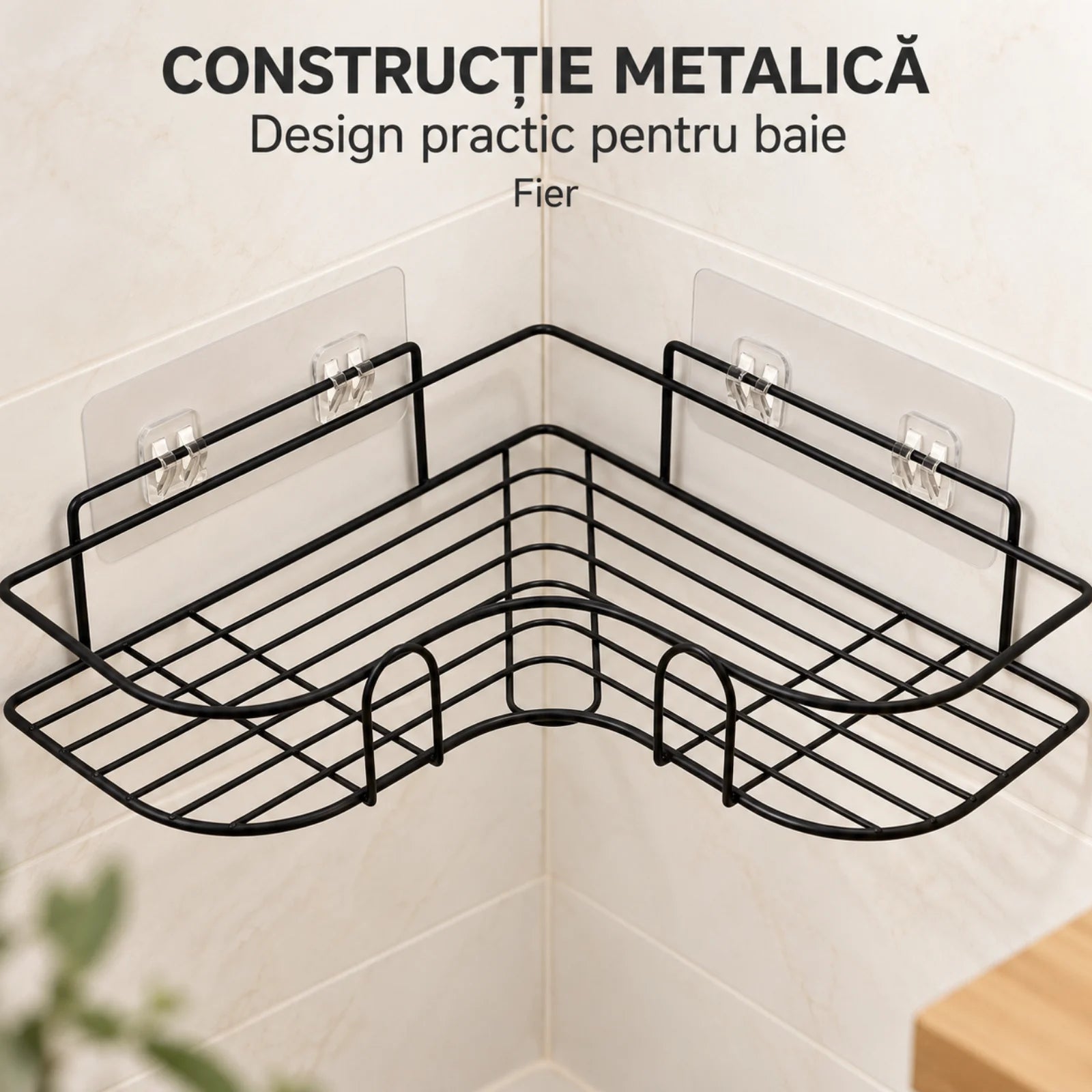 Raft de Dus HASEPE® Pentru Baie Din Metal Negru, Raft Colt Autoadeziv Fara Gaurire 26x26x6cm