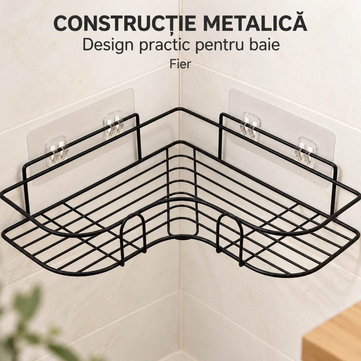 Raft de Dus HASEPE® Pentru Baie Din Metal Negru, Raft Colt Autoadeziv Fara Gaurire 26x26x6cm