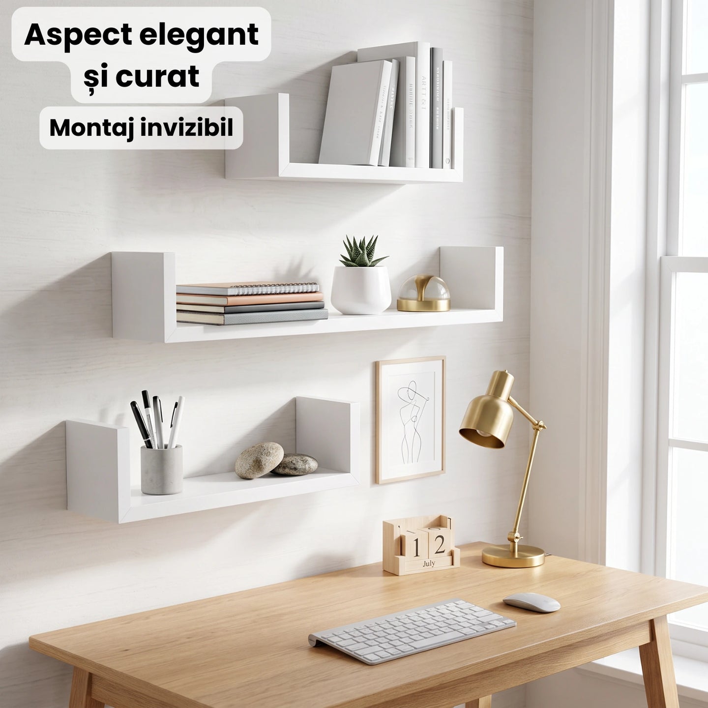 Set 3 Rafturi De Perete HASEPE®, Set 3 Rafturi Suspendate Albe, Rafturi Decorative Cu Suporturi Ascunse