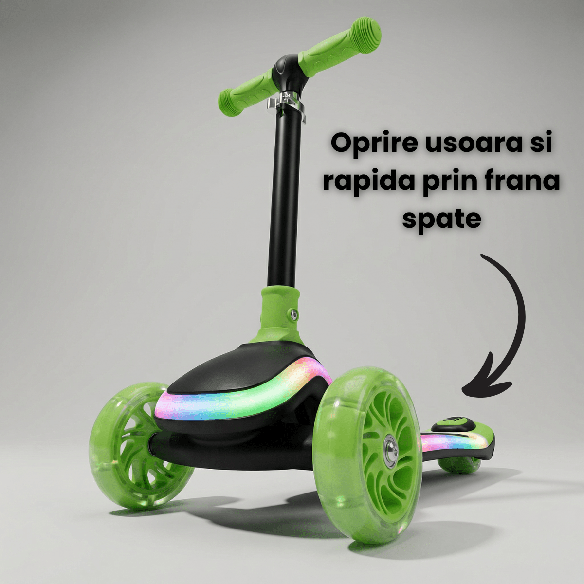 Trotineta Copii HASEPE Cu 3 Roti, Trotineta Cu Led In Roti, Inaltime 80 Cm, Ghidon Stabil, Design Pentru Echilibru, Trotineta Pentru Copii Usor De Folosit, Culoare Verde, Trotineta Copii Pentru Joaca - HASEPE